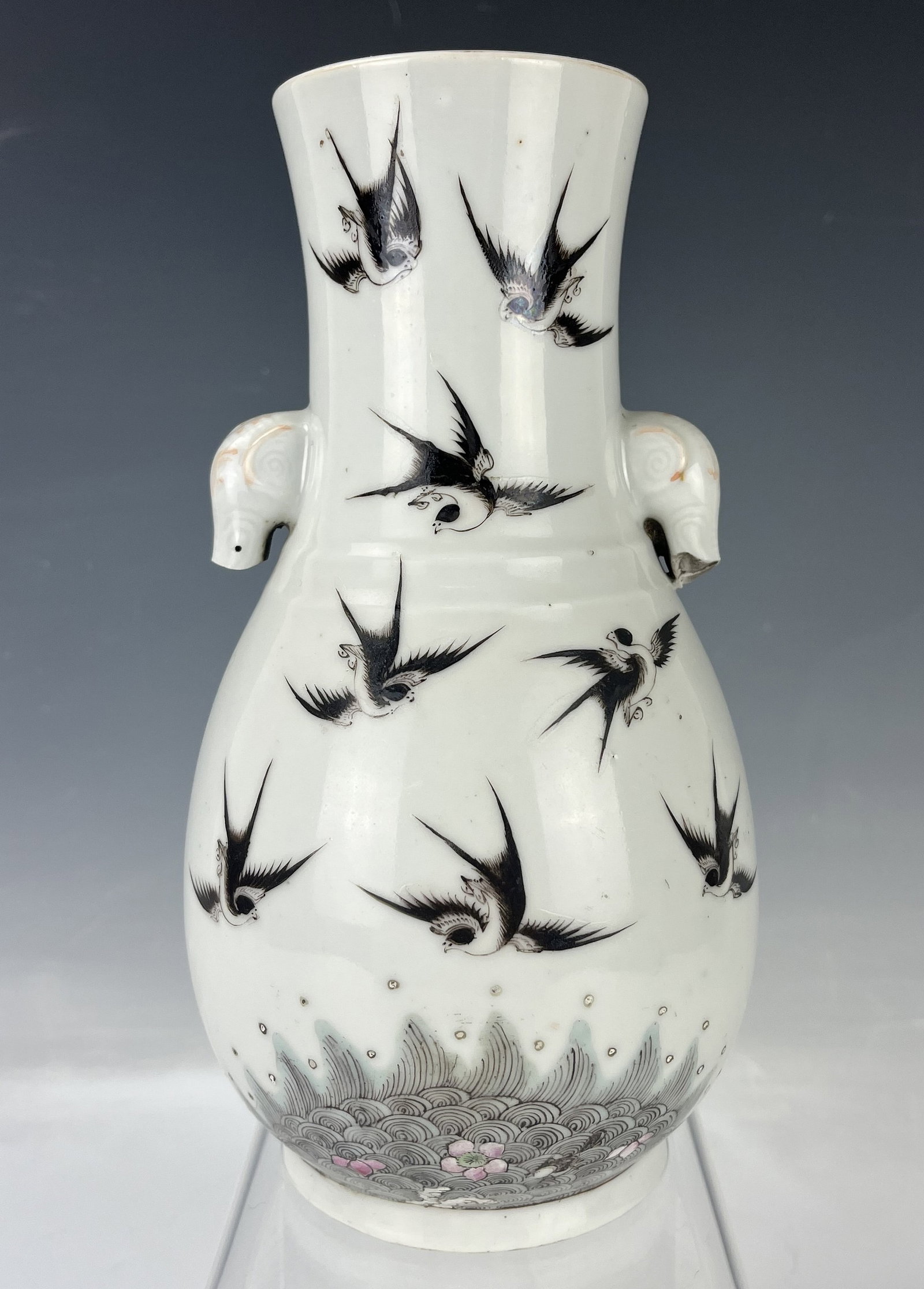 A Chinese Famille Rose Mocai Porcelain Vase: A Chinese Famille Rose and Mocai Porcelain Vase with Elephant Handle. H 22.3 cm(8.8 in.). Preview from Aug. 26th to 30th from 1:00 PM TO 5:00 PM Eastern Time, Location: 15229 Display Court, Rockville 