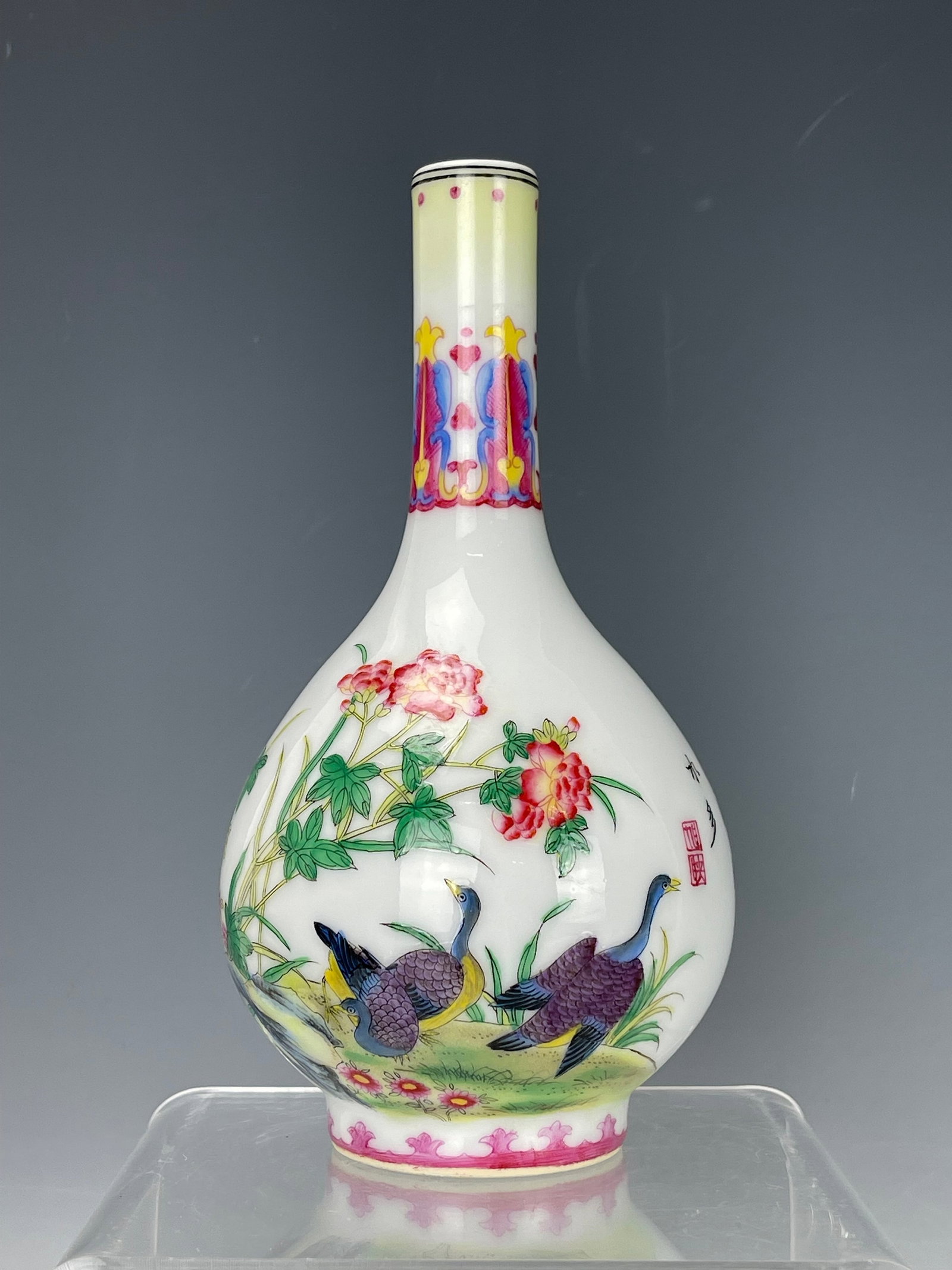Chinese Famille Rose Porcelain Vase with Flowers and Rocks: Chinese Famille rose painted vase with geese and flowers and rocks., H 18 cm(7 in.). Preview from Aug. 26th to 30th from 1:00 PM TO 5:00 PM Eastern Time, Location: 15229 Display Court, Rockville MD 20