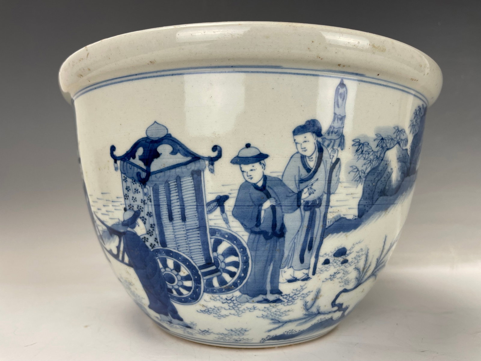 Chinese Blue and White Porcelain Brush Washer Painted with Figurines: Chinese Blue and White Porcelain Brush Washer Painted with Figurines, D 24 cm(9.5 in.) x H15 cm(6 in.) . Preview from Aug. 26th to 30th from 1:00 PM TO 5:00 PM Eastern Time, Location: 15229 Display Co
