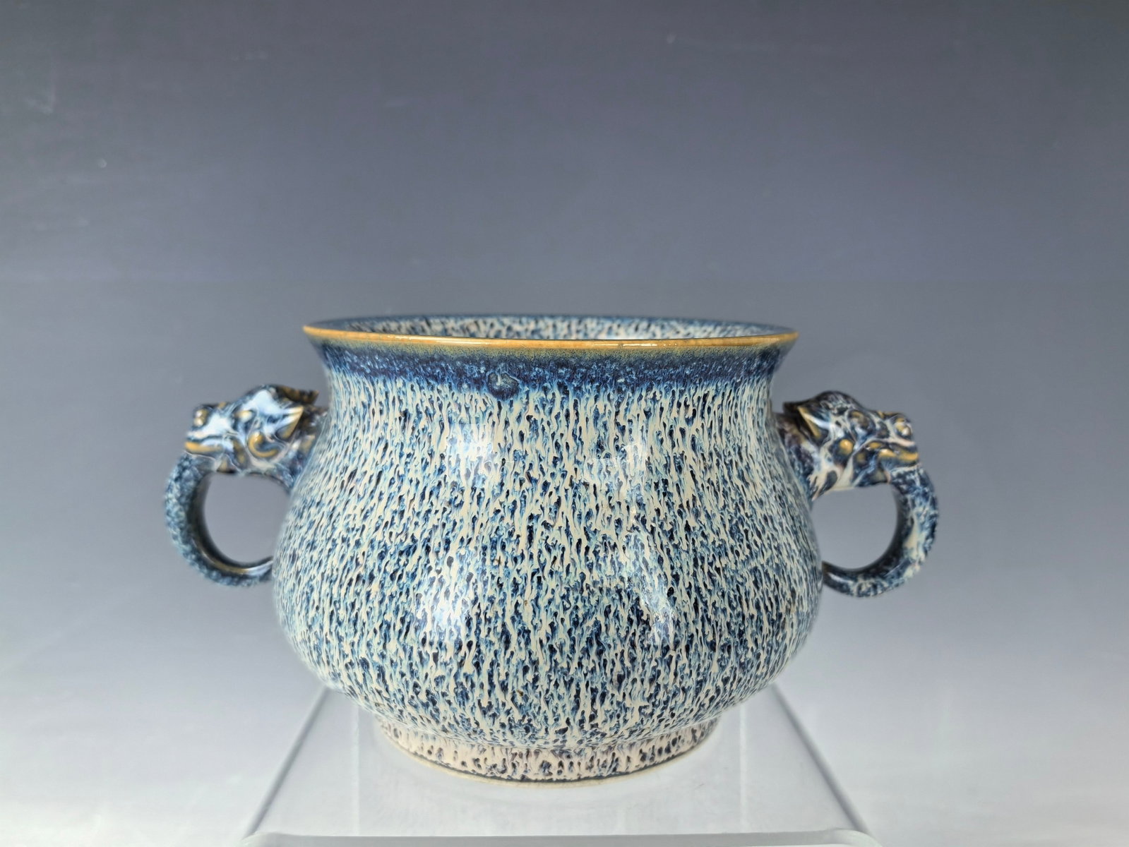 Chinese Blue Flambe Porcelain Censer with Double Beast Handles Qianlong Mark: Chinese Blue Flambe Porcelain Censer with Double Beast Handles Qianlong Mark. W 19 cm(7.5 in.) x H 10 cm(4 in.). Preview from Aug. 26th to 30th from 1:00 PM TO 5:00 PM Eastern Time, Location: 15229 Di