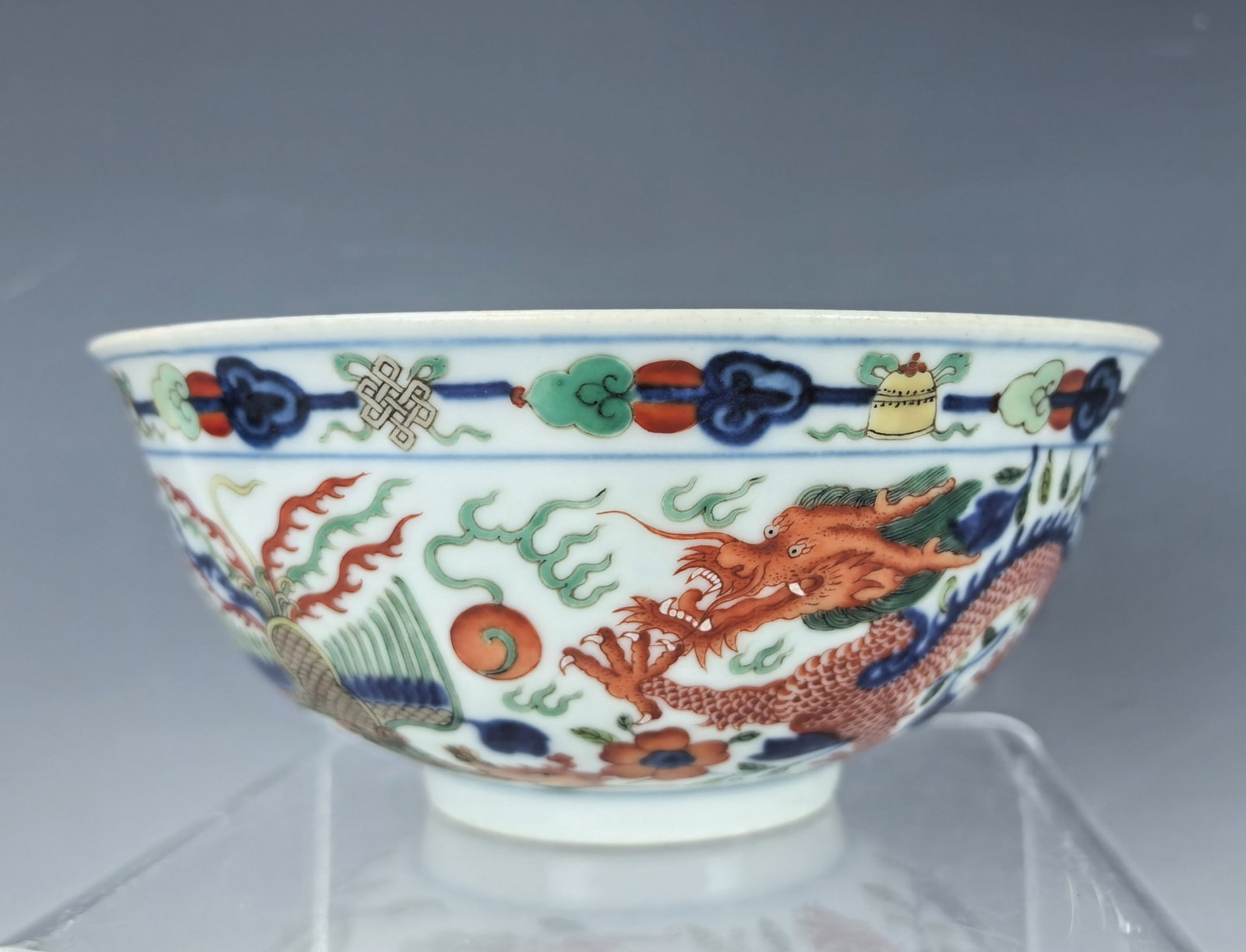 Chinese Porcelain Famille Verte with Blue White Accents Bowl Daoguang Mark: Famille verte with blue & white accents bowl painted with dragon and phoenix. Daoguang Mark, D 15 cm(6 in.) x H 5.5 cm(2.2 in.). Preview from Aug. 26th to 30th from 1:00 PM TO 5:00 PM Eastern Time, Lo