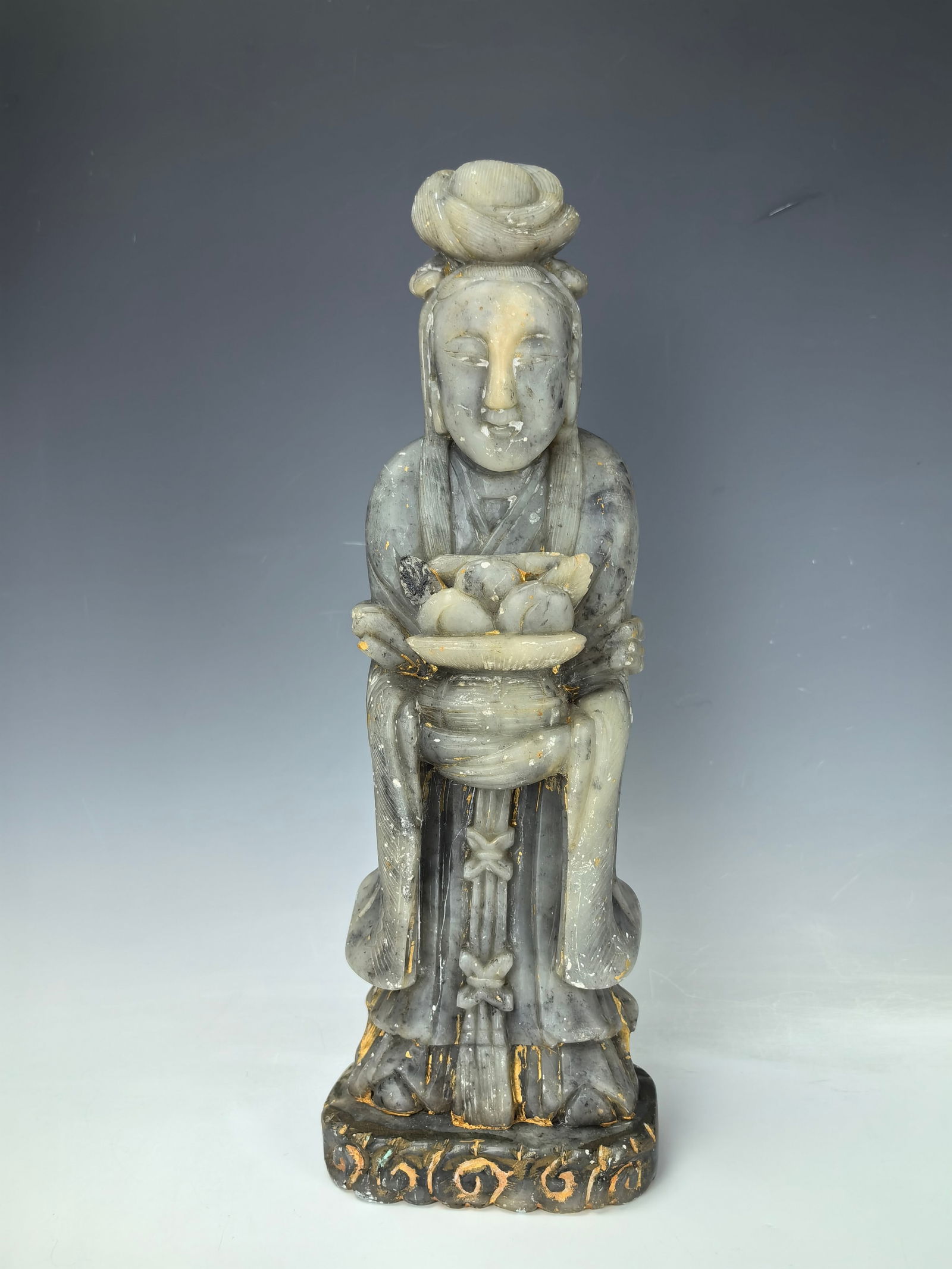 Chinese Gilt Grey Jade Carved Buddha Statue (1 of 8)