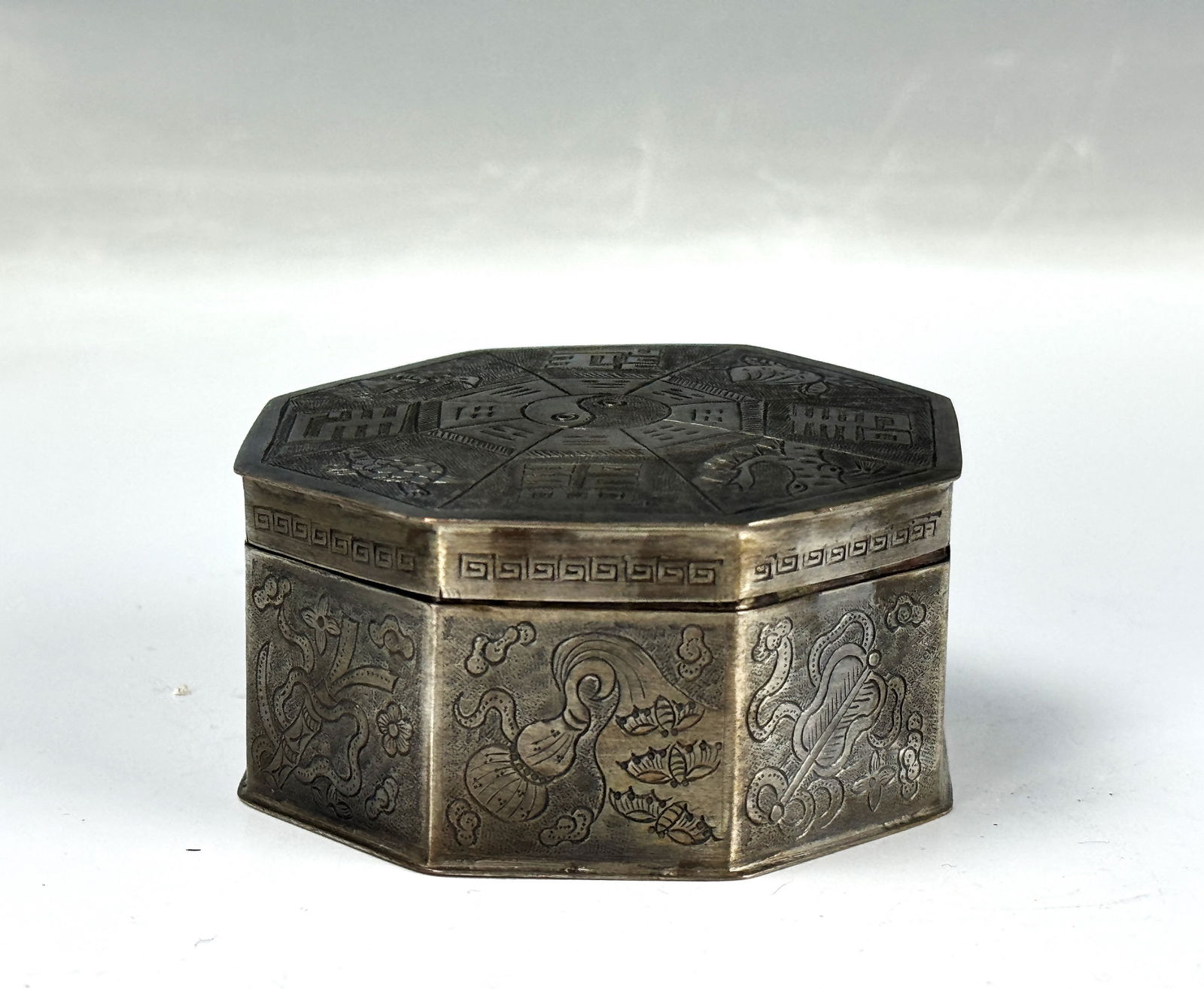 Antique Octagonal  Silver Box With Chinese Characters and Gossip (1 of 5)