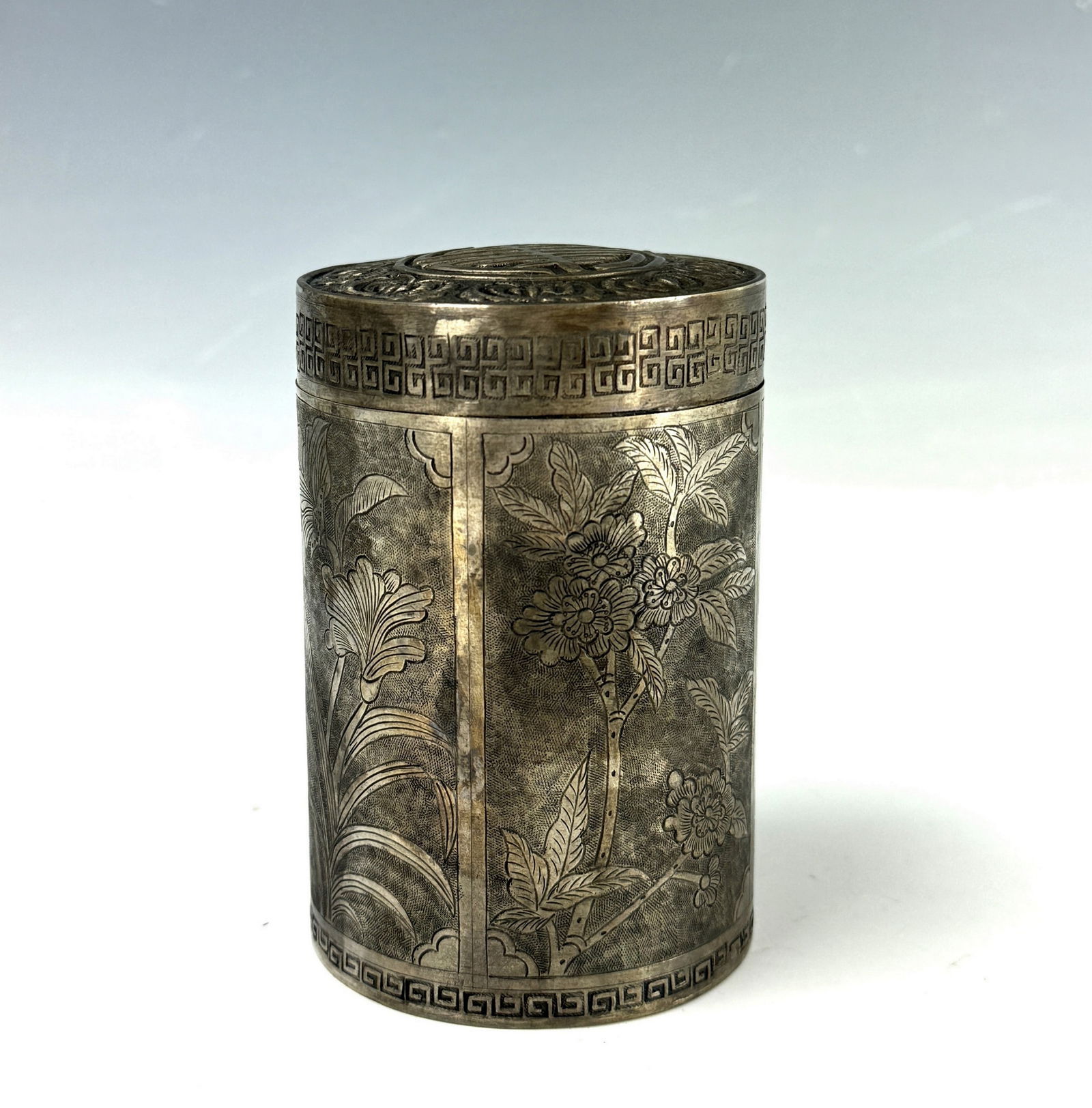 Chinese Export Antique Silver Cylindrical Box (1 of 5)
