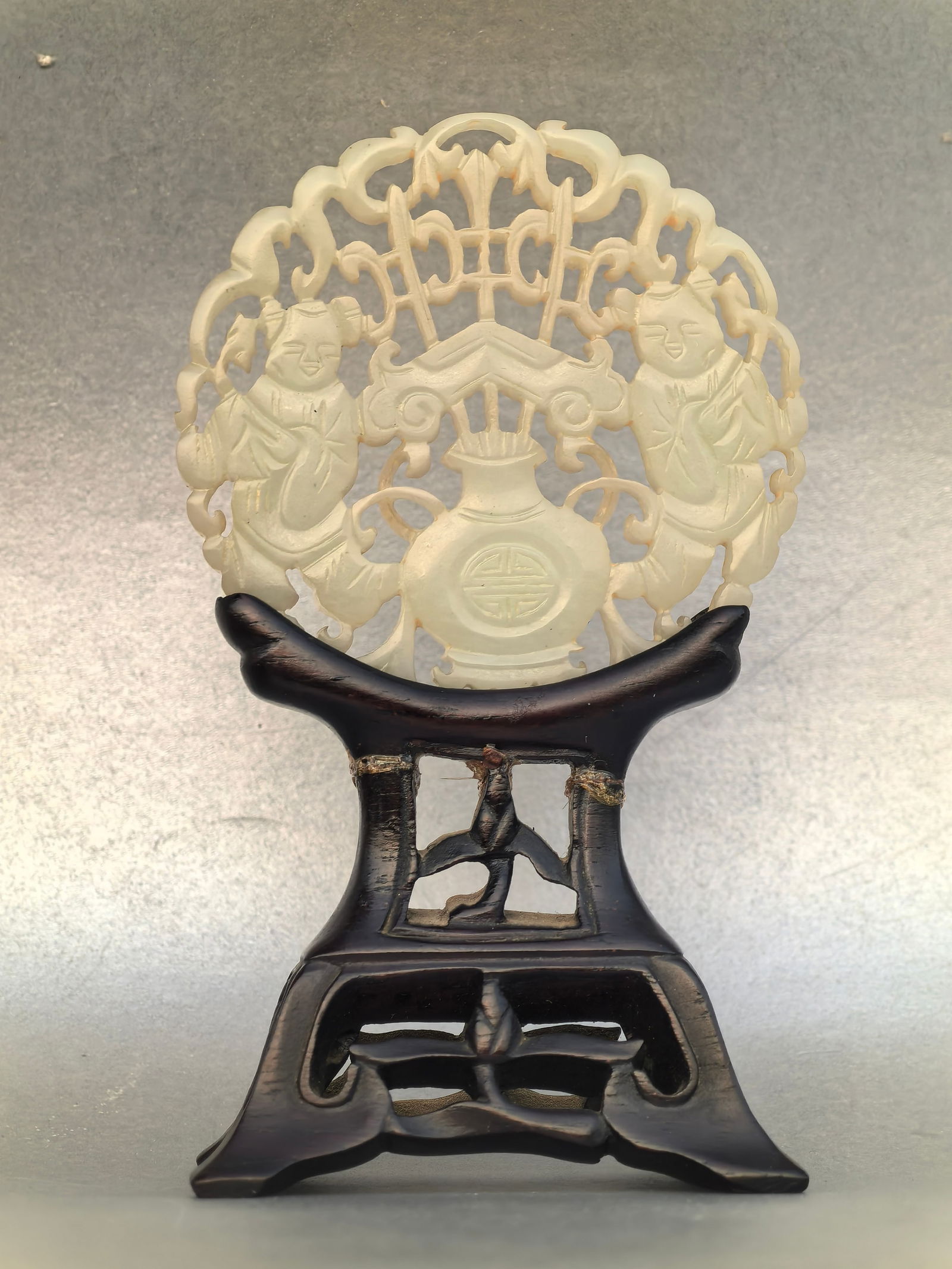 Chinese Antique Hetian White Jade on Wood Stand (1 of 4)