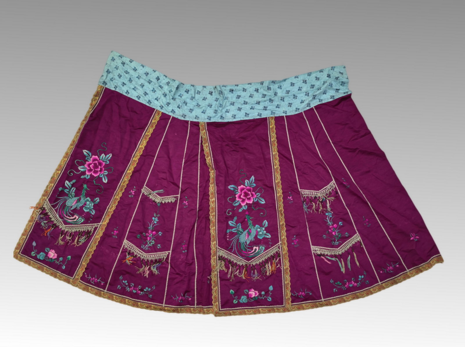 Antique Chinese Embroidered Pink Skirt: Antique Chinese Embroidered Pink Skirt,W 124 cm(49 in.) x H 89 cm(35in.). Preview from Aug. 26th to 30th from 1:00 PM TO 5:00 PM Eastern Time, Location: 15229 Display Court, Rockville MD 20850.
