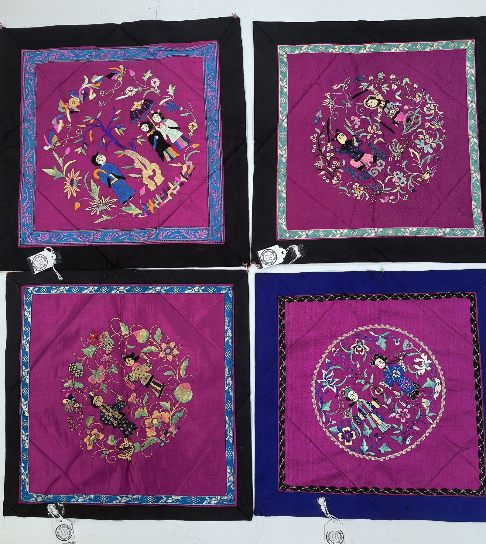 Group of 4 Antique Chinese Silk Embroidered Textile Panels (1 of 6)