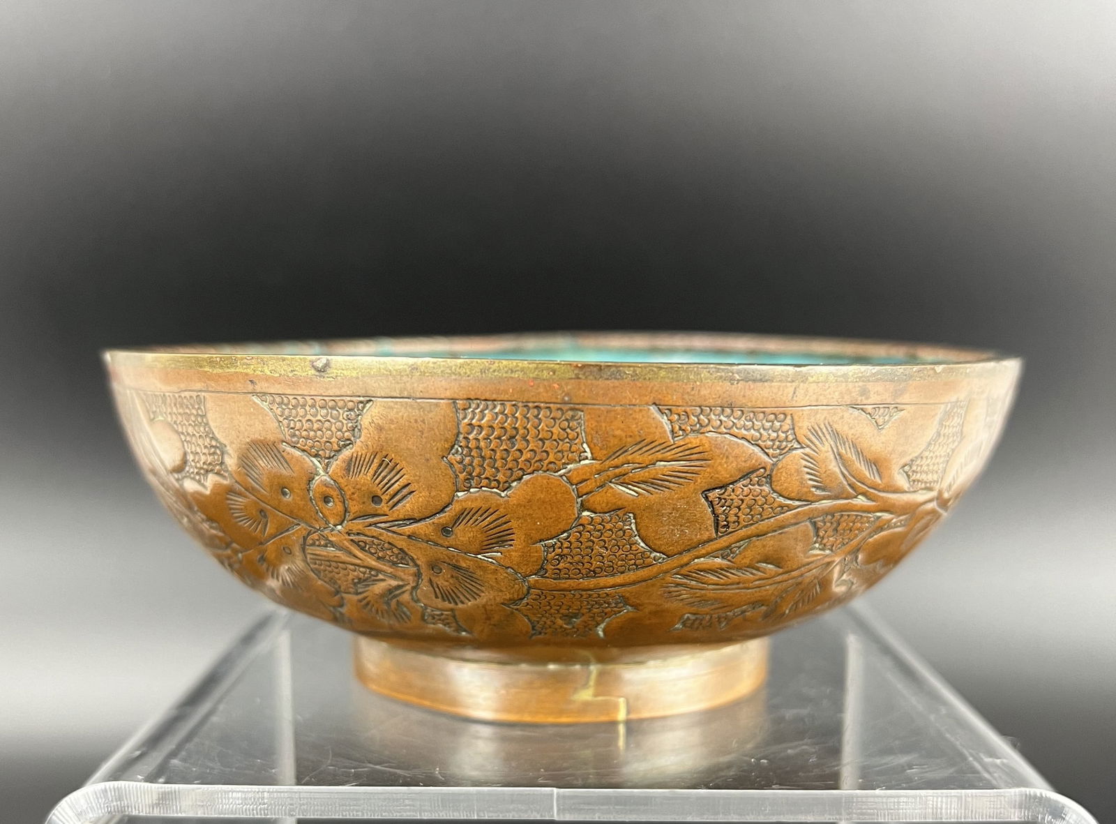 Antique Tibetan Copper Engraved Leaf Bowl Marked (1 of 6)