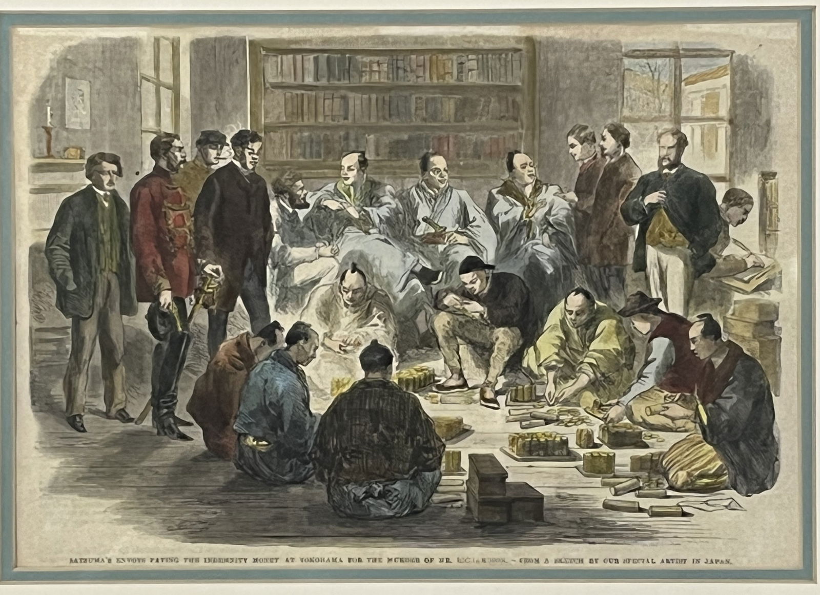 Counting the Money at YokoHama Hand Coloured Wood Engraving: Counting the Money at YokoHama,Hand Coloured Wood Engraving From the Illustrated London News, H 40.6 cm (16 in.) x W 33 cm (13 in.). Preview from Aug. 26th to 30th from 1:00 PM TO 5:00 PM Eastern Time