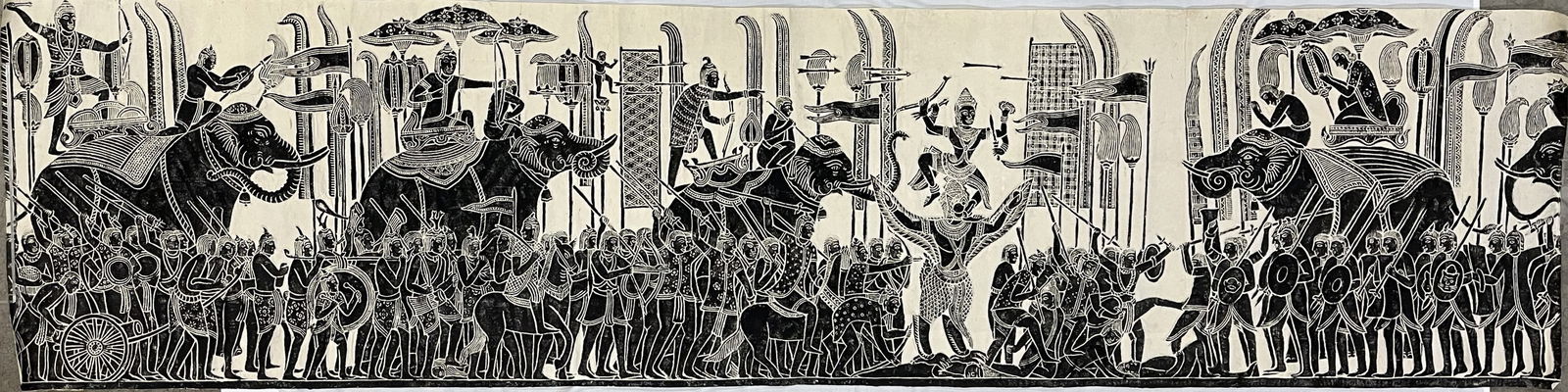 Large Cambodian Paper Rubbing of Angkor Wat Style Warriors Engaged in Battle (1 of 6)