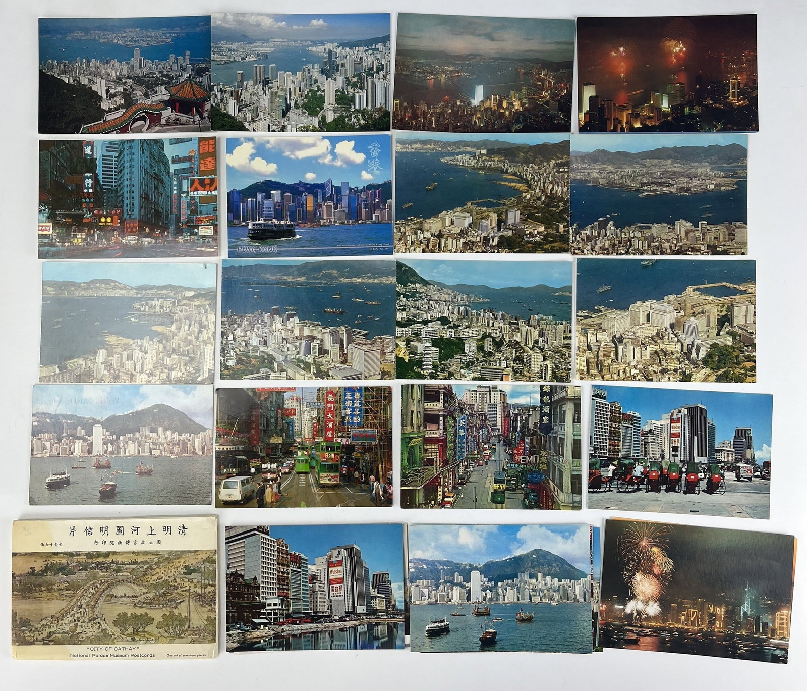 Group of 48 Post Cards of Hong Kong and China: Group of 48 Post Cards of Hong Kong and China. These also include a set of 17 cards reproducing “A City of Cathay” 1,152 cm-long (24 ft) famous silk handscroll by Song Dynasty painter Zhang Ze