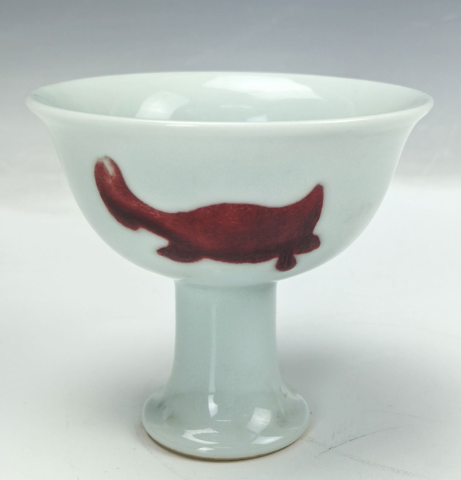 Chinese Underglaze Copper Red Fish Porcelain Stem Cup Marked (1 of 5)