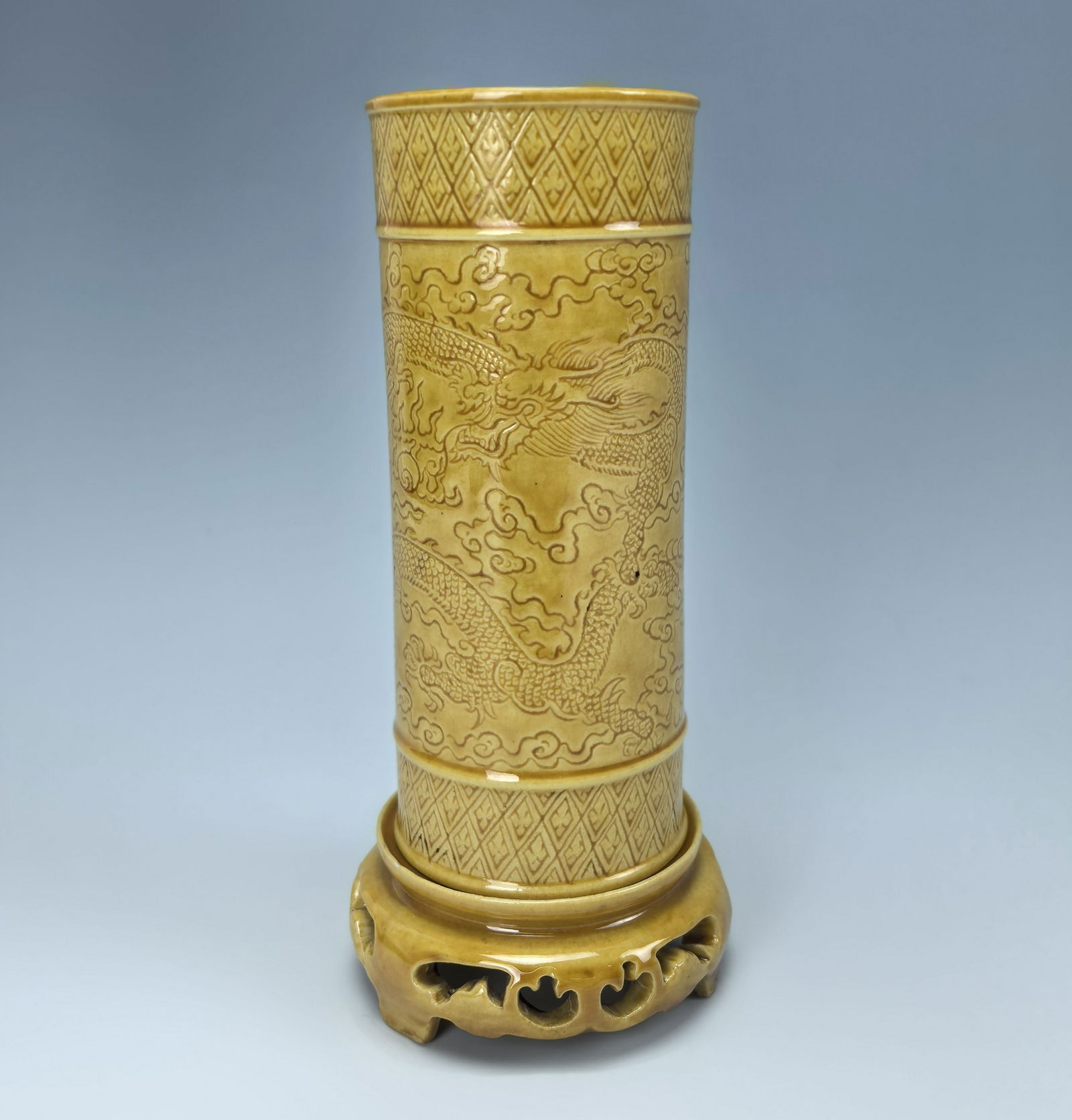 Yellow Glazed Prcelain Brush Pot Incised With Dragons with Stand (1 of 7)