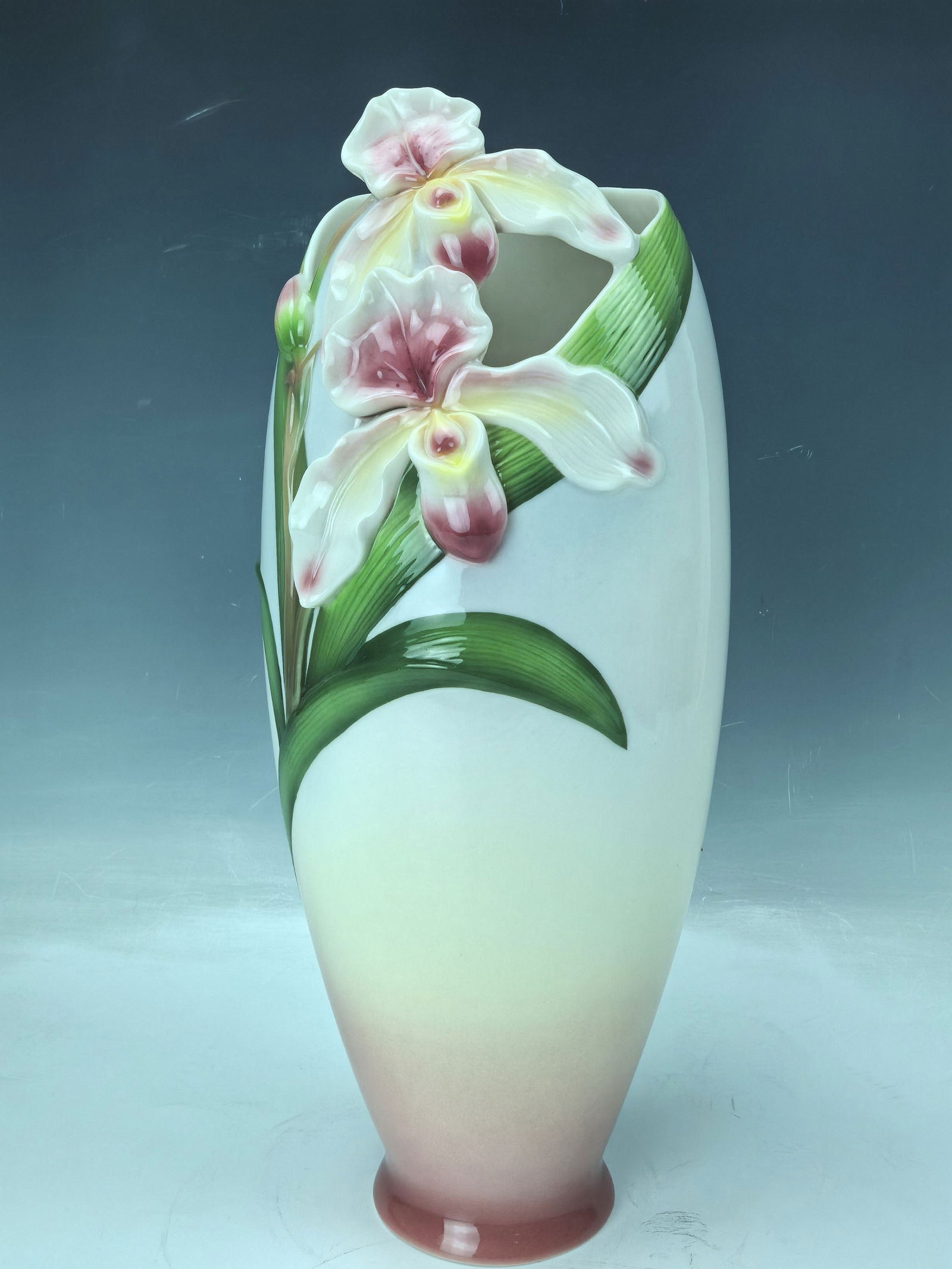 Vintage Franz Porcelain Pink Lady Slipper Orchid Tall Vase (1 of 6)