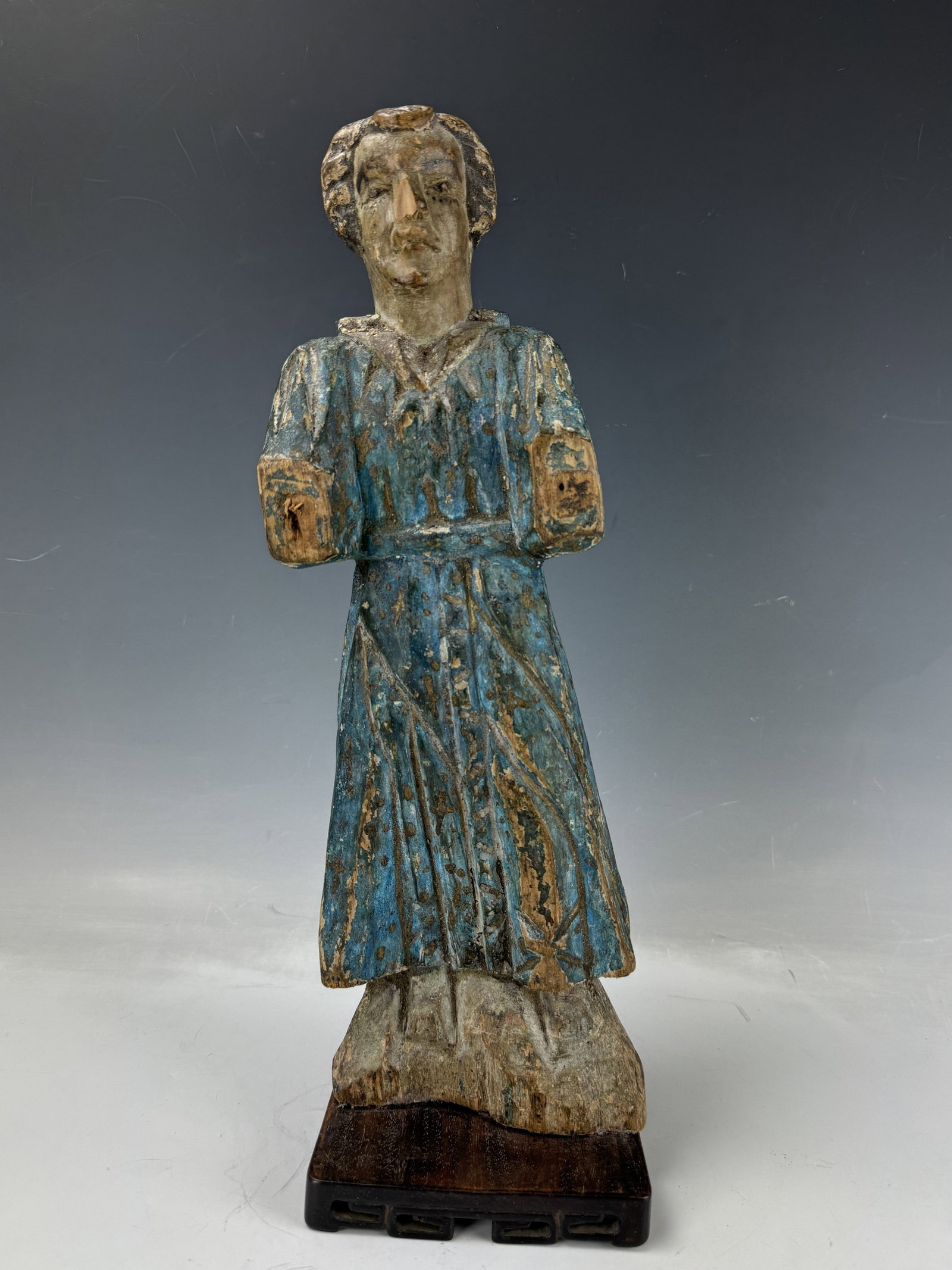 Antique Carved Wood Polychrome Saint Figure: Antique Carved Wood Polychrome Saint Figure, H 40 cm(16 in.) , Preview from Oct. 14th to 18th from 1:00 PM TO 5:00 PM Eastern Time, Location: 15229 Display Court, Rockville MD 20850.