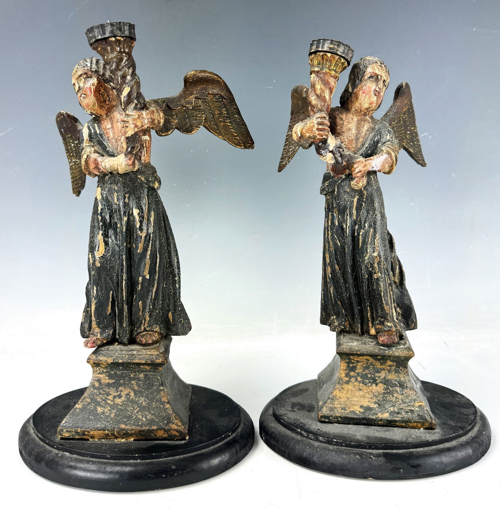 Pair of Continental Carved Polychrome Angel Pricket Torcheres (1 of 3)