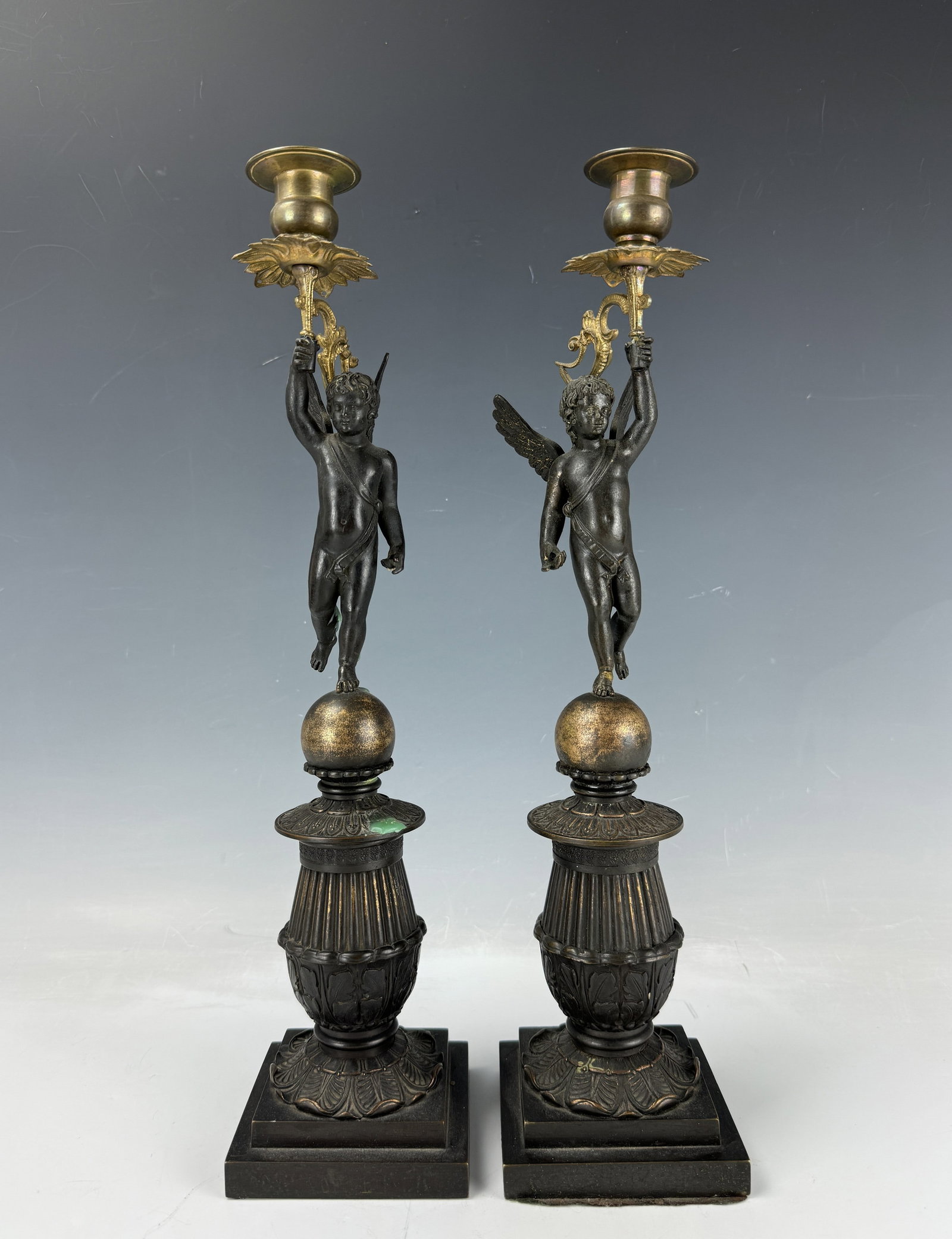 Pair of French Restauration Gilt and Patinated Bronze Candelabra: Pair of French Restauration Gilt and Patinated Bronze Candelabra,H 42 cm(16.5 in.) x2, Preview from October. 14th to 18th from 1:00 PM TO 5:00 PM Eastern Time, Location: 15229 Display Court, Rockville