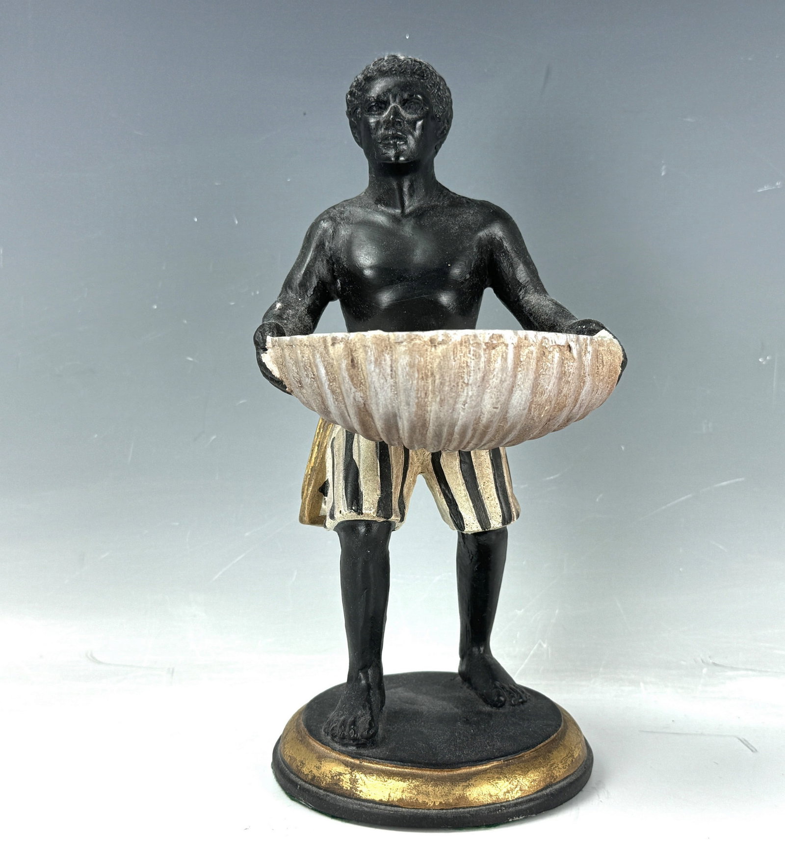 Vintage Blackamoor Holding Seashell Figure: Vintage Blackamoor Holding Seashell Figure,H 25 cm( 10 in.), Preview from October. 14th to 18th from 1:00 PM TO 5:00 PM Eastern Time, Location: 15229 Display Court, Rockville MD 20850.