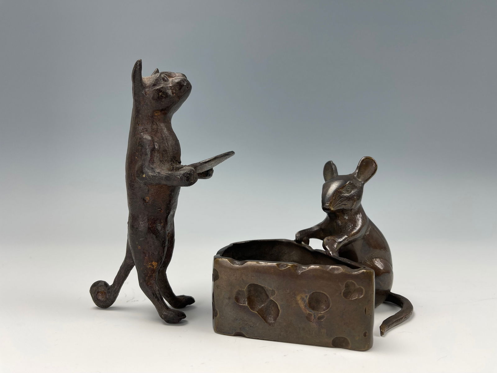 Vintage Bronze Cat Sculpture And Mouse On Cheese (1 of 8)