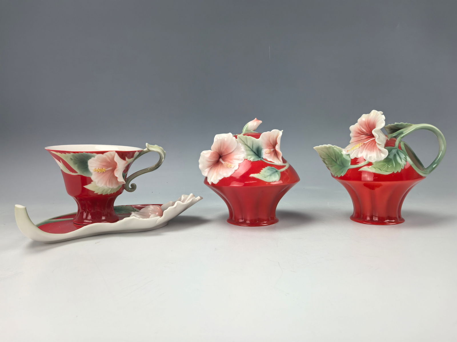 Franz Hibiscus Design Sculptured Saucer and Cup and Sagar Creamer (1 of 9)