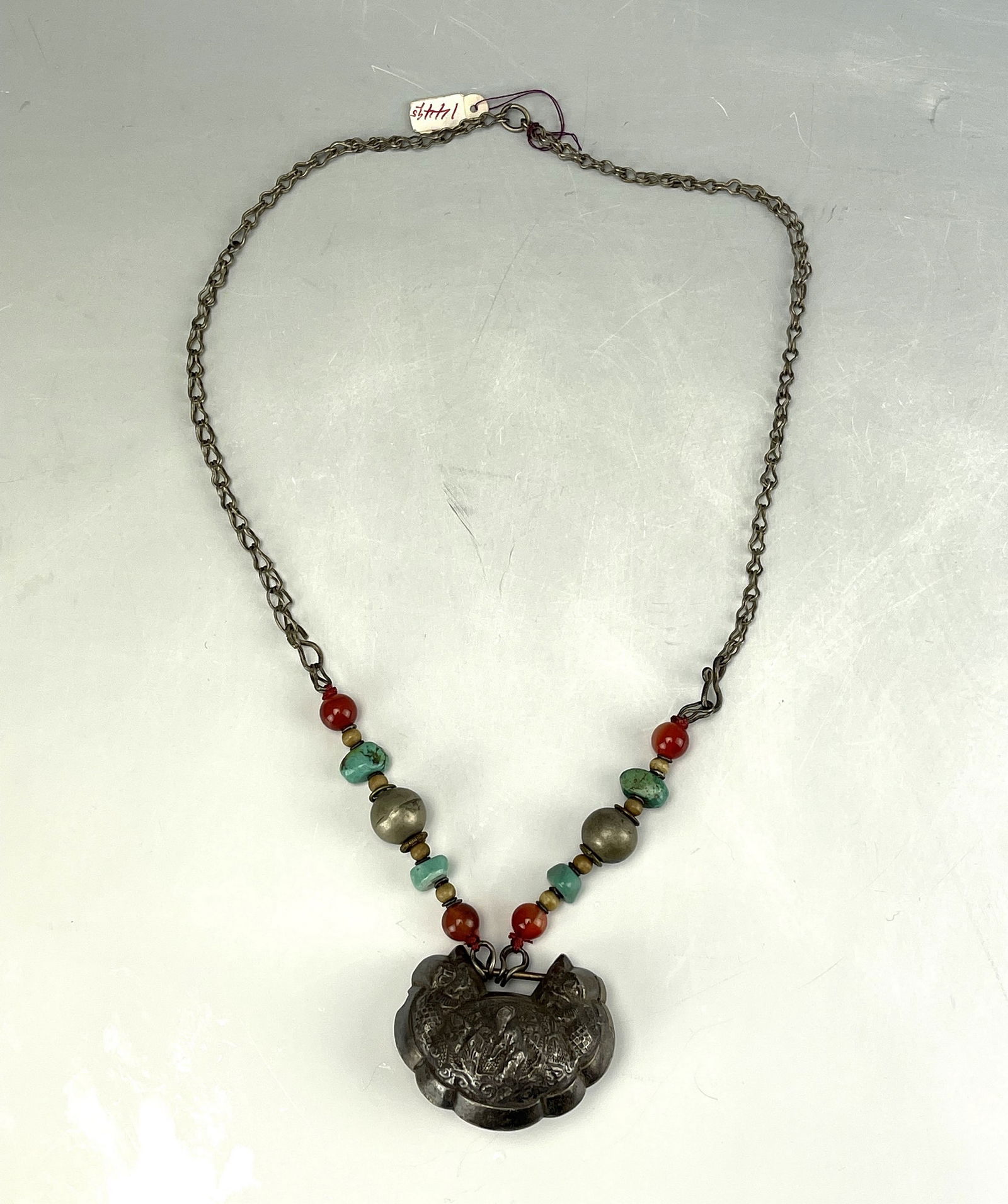 Chinese Silver Longevity Lock Turquoise Carnelian Necklace Marked (1 of 6)