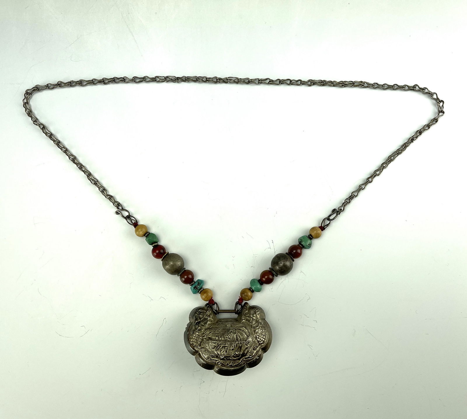 Chinese  Vintage Silver Longevity Lock Turquoise Carnelian Necklace (1 of 6)