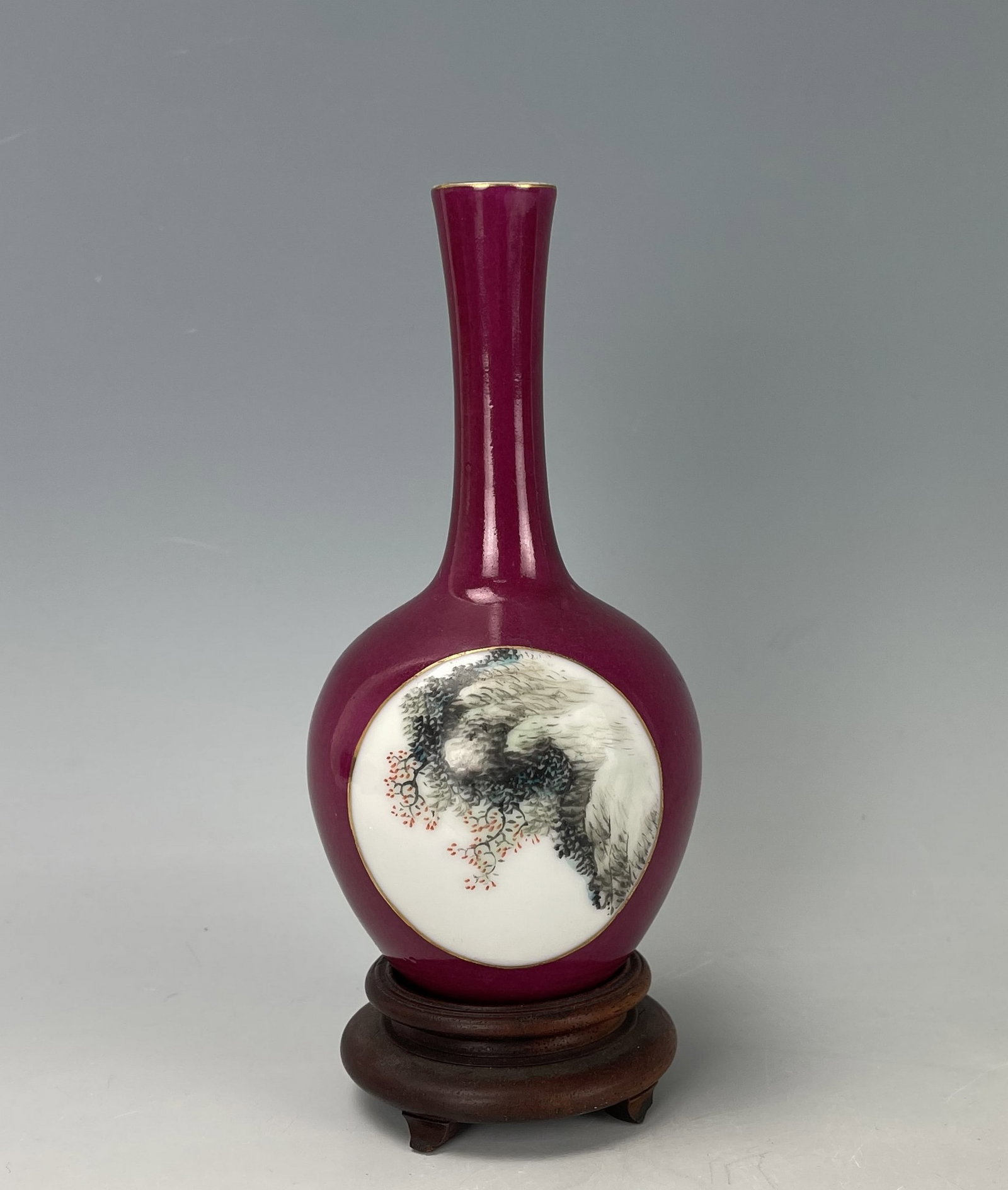 Chinese Puce Ground Medallions Vase Shendetang Mark: Chinese Puce Ground Medallions Vase Shendetang Mark, 20th century,with wood base , H 15 cm(6 in.).Preview from Feb.17th to 21st from 1:00 PM TO 5:00 PM Eastern Time, Location: 15229 Display Court, Roc