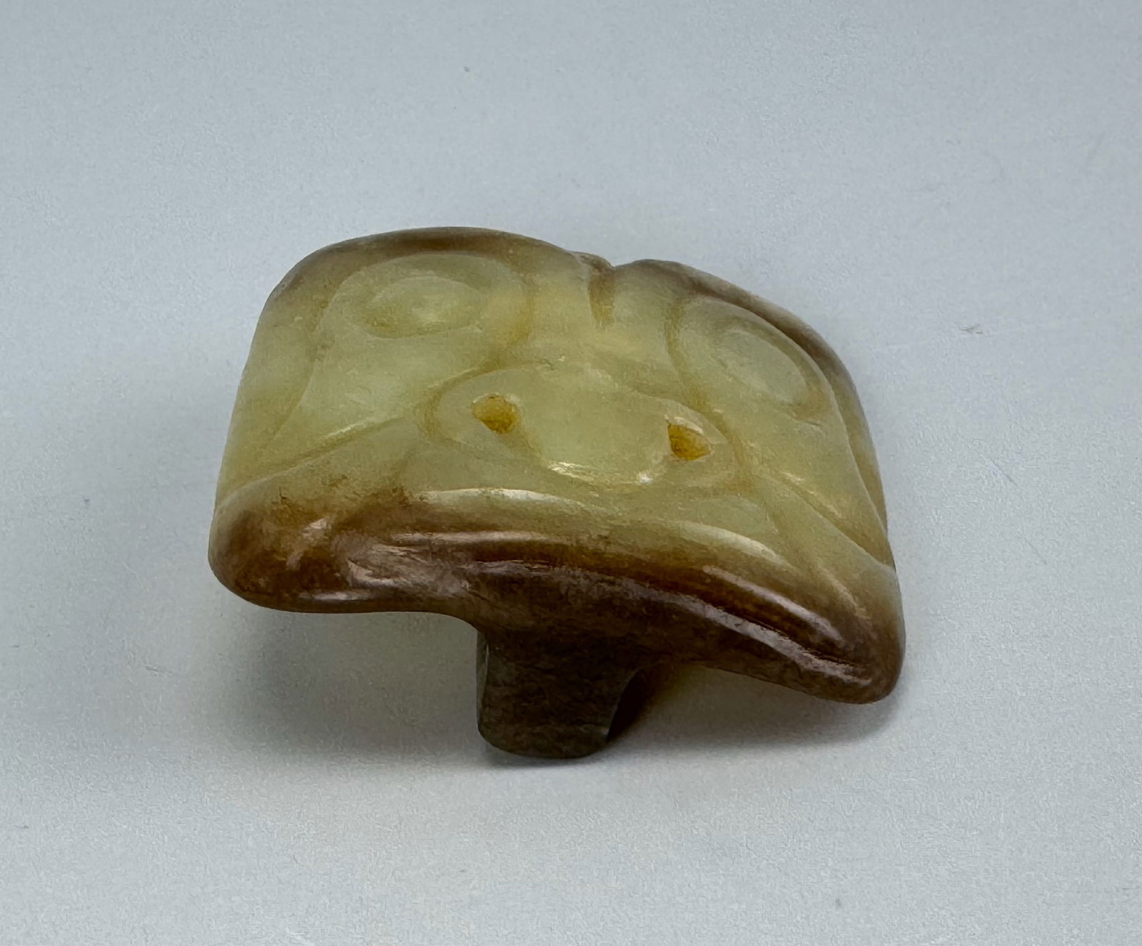 Chinese Carved Taotie Jade Buckle: Chinese Carved Taotie Jade Buckle,size 4.6x4.5cm,Preview from Feb.17th to 21st from 1:00 PM TO 5:00 PM Eastern Time, Location: 15229 Display Court, Rockville MD 20850.