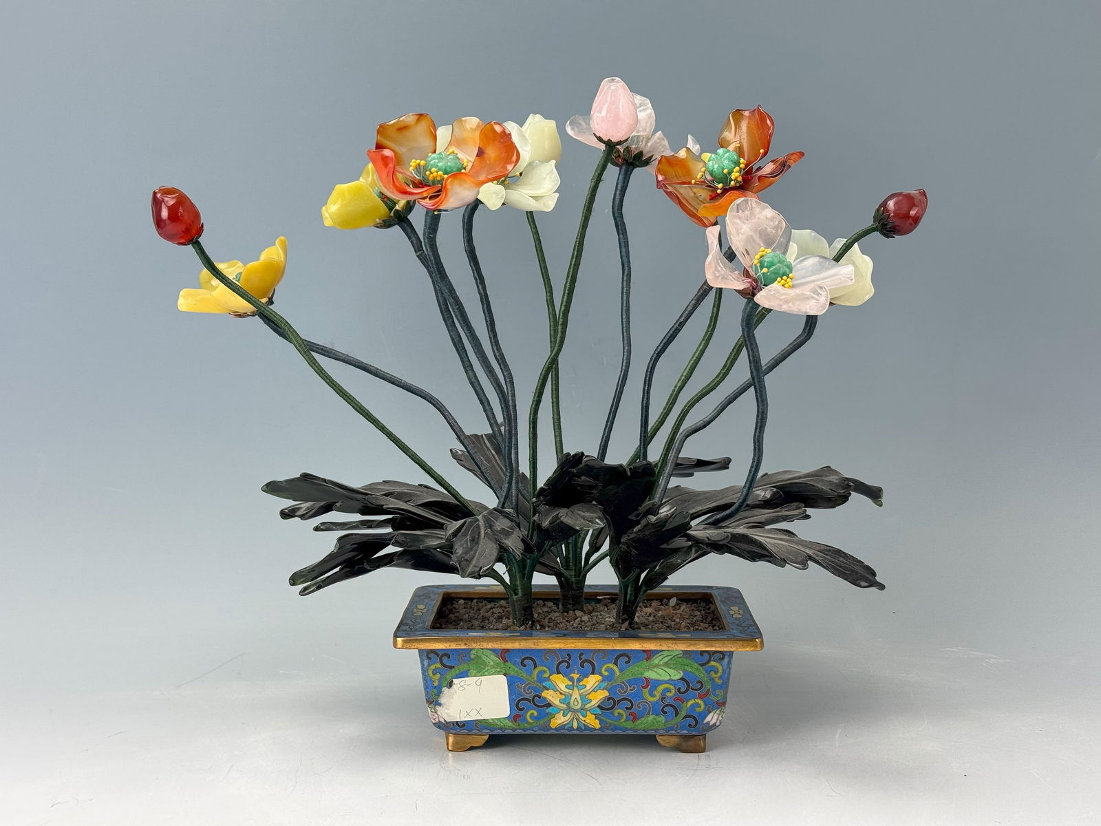 Chinese Jade and Stone Trees in Cloisonne Enamel Pot (1 of 3)