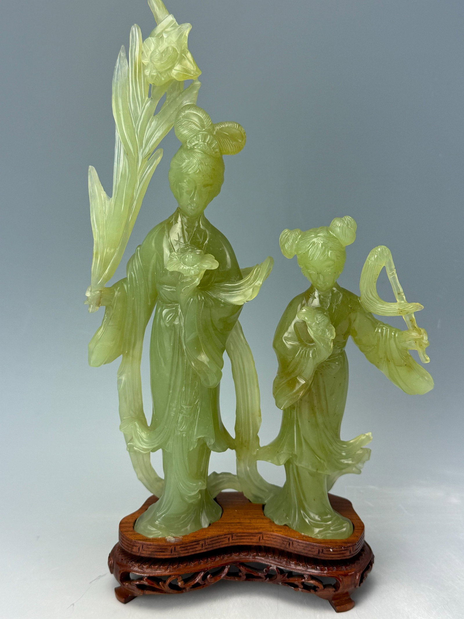 Vintage Chinese Carved Jade Figurines: Vintage Chinese Carved Jade Figurines, H 24 cm(9.5in.)x W 16 cm(6.3in.).Preview from Feb.17th to 21st from 1:00 PM TO 5:00 PM Eastern Time, Location: 15229 Display Court, Rockville MD 20850.,Preview f
