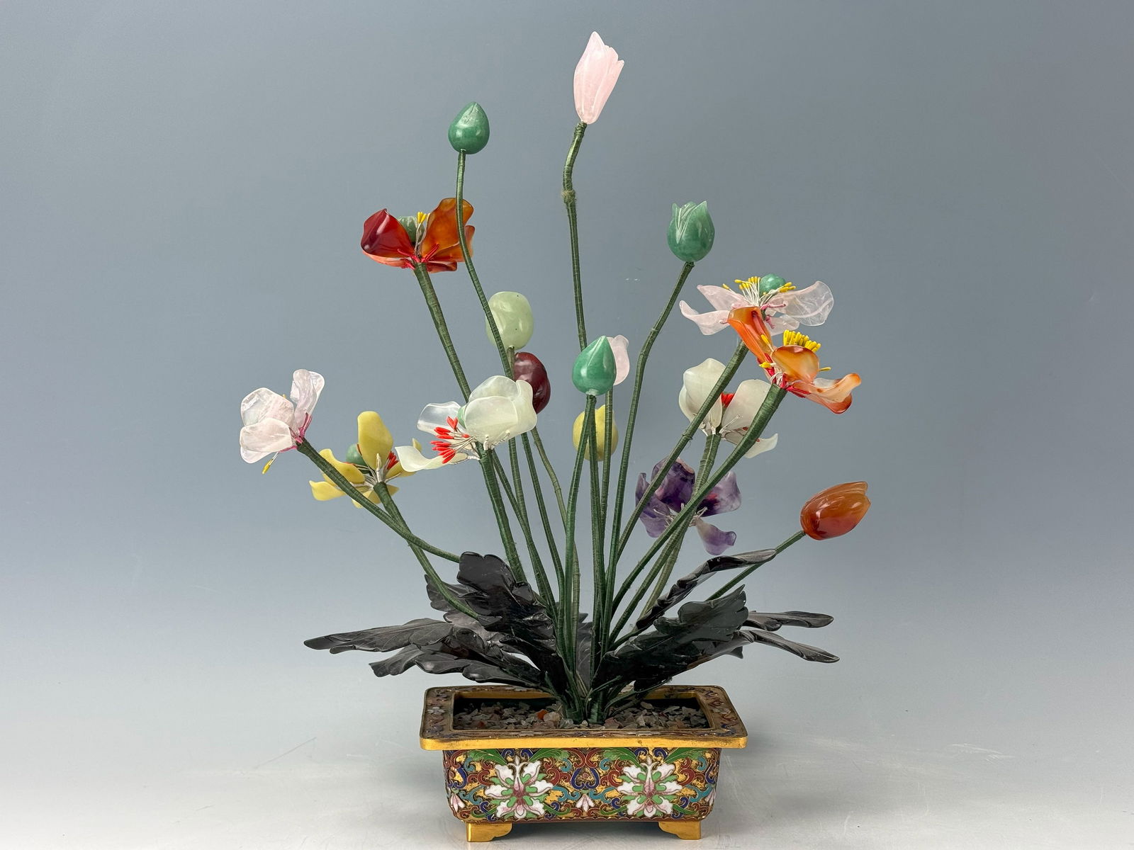 Chinese Jade and Agate Trees in Cloisonne Enamel Pot (1 of 3)