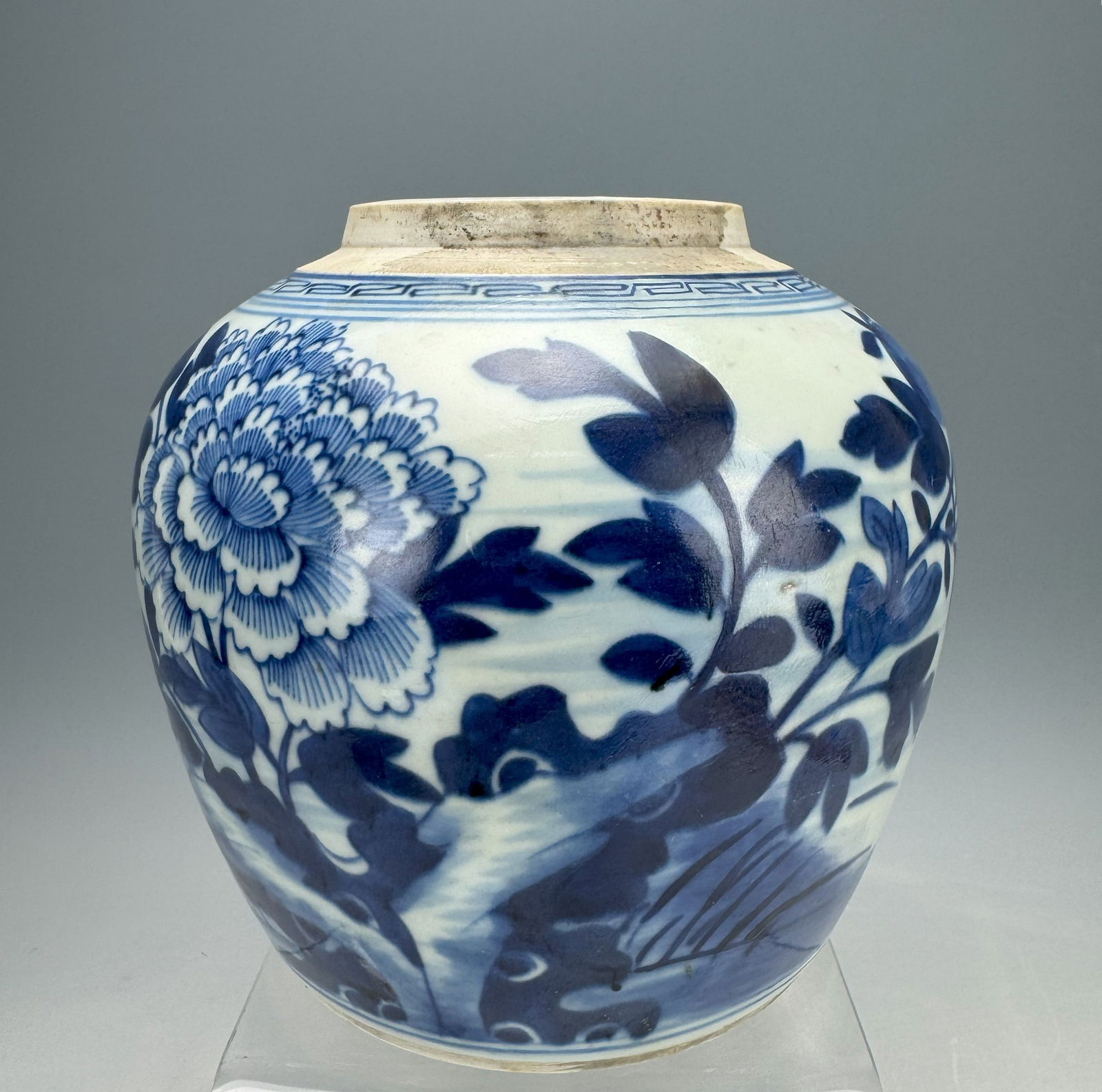 Chinese Blue and White Porcelain Ginger Jar with Peonies: A Blue and White ginger jar painted with peonies. H 17 cm(6.5 in.) ,Preview from Feb.17th to 21st from 1:00 PM TO 5:00 PM Eastern Time, Location: 15229 Display Court, Rockville MD 20850.