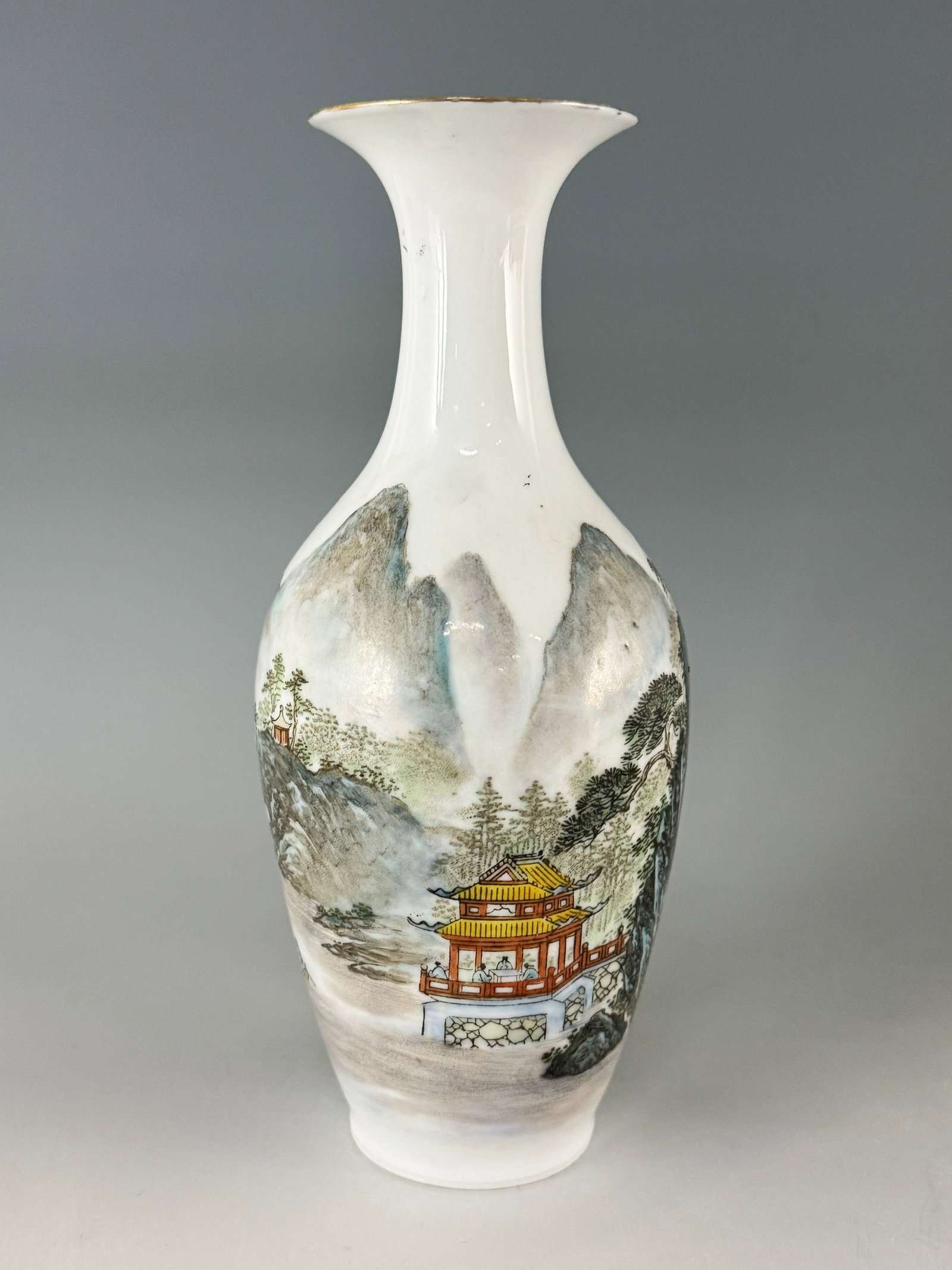 A Chinese Long Neck Porcelain Vase Qianlong Mark: Egg-shell long-neck vase painted in Qianjiangcai landscape and scholars. Qianlong Mark. H 19 cm (7.5in.),Preview from Feb.17th to 21st from 1:00 PM TO 5:00 PM Eastern Time, Location: 15229 Display Cou