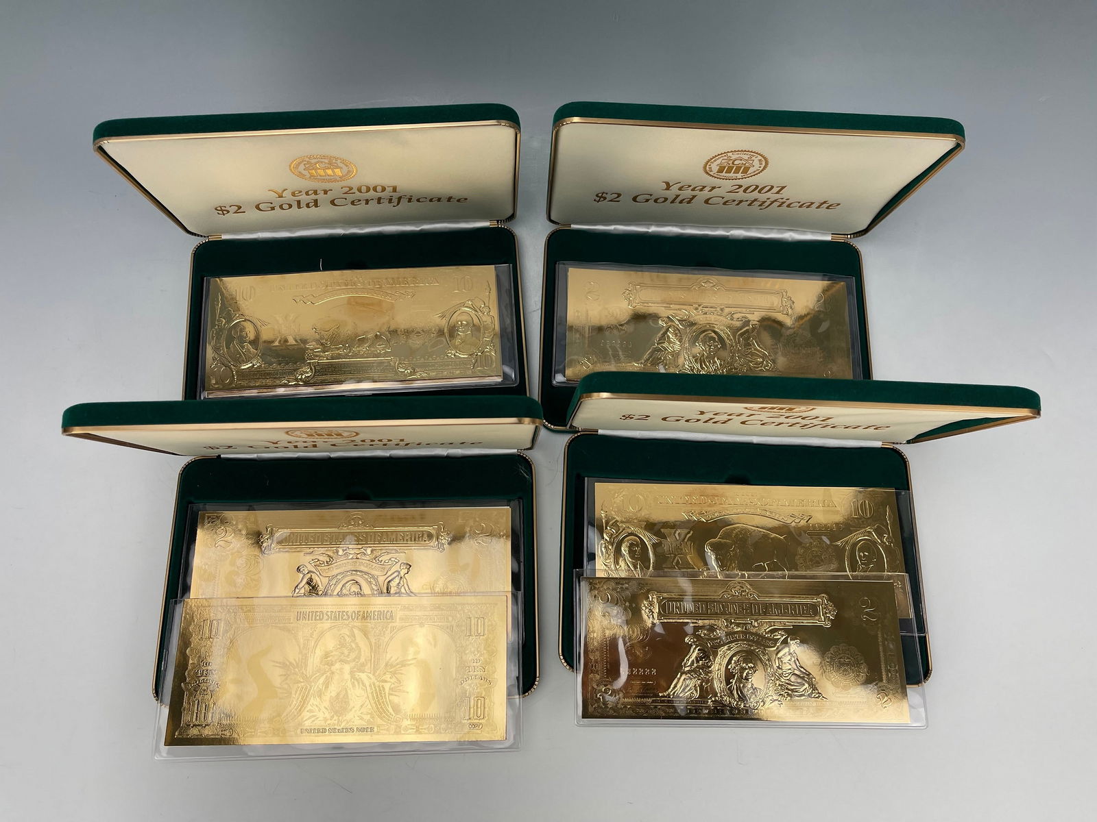 National Collectors Mint 10 and 2 Gold Certificate with Boxes: National Collector's Mint Year 2001 $2 Gold Certificate and Mint 2001 $10 Buffalo Bill Gold Certificate..Preview from Feb.17th to 21st from 1:00 PM TO 5:00 PM Eastern Time, Location: 15229 Display Cou