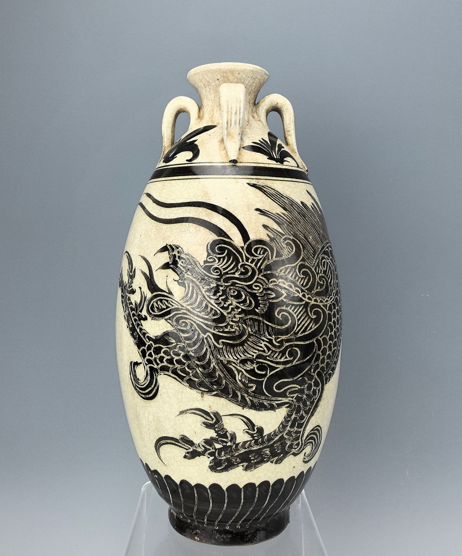 Chinese Cizhou Kiln Black White Beast Four Ear Vase: Chinese Cizhou Kiln Black White Beast Four Ear Vase.H 33 cm (13 in.).Preview from Feb.17th to 21st from 1:00 PM TO 5:00 PM Eastern Time, Location: 15229 Display Court, Rockville MD 20850.