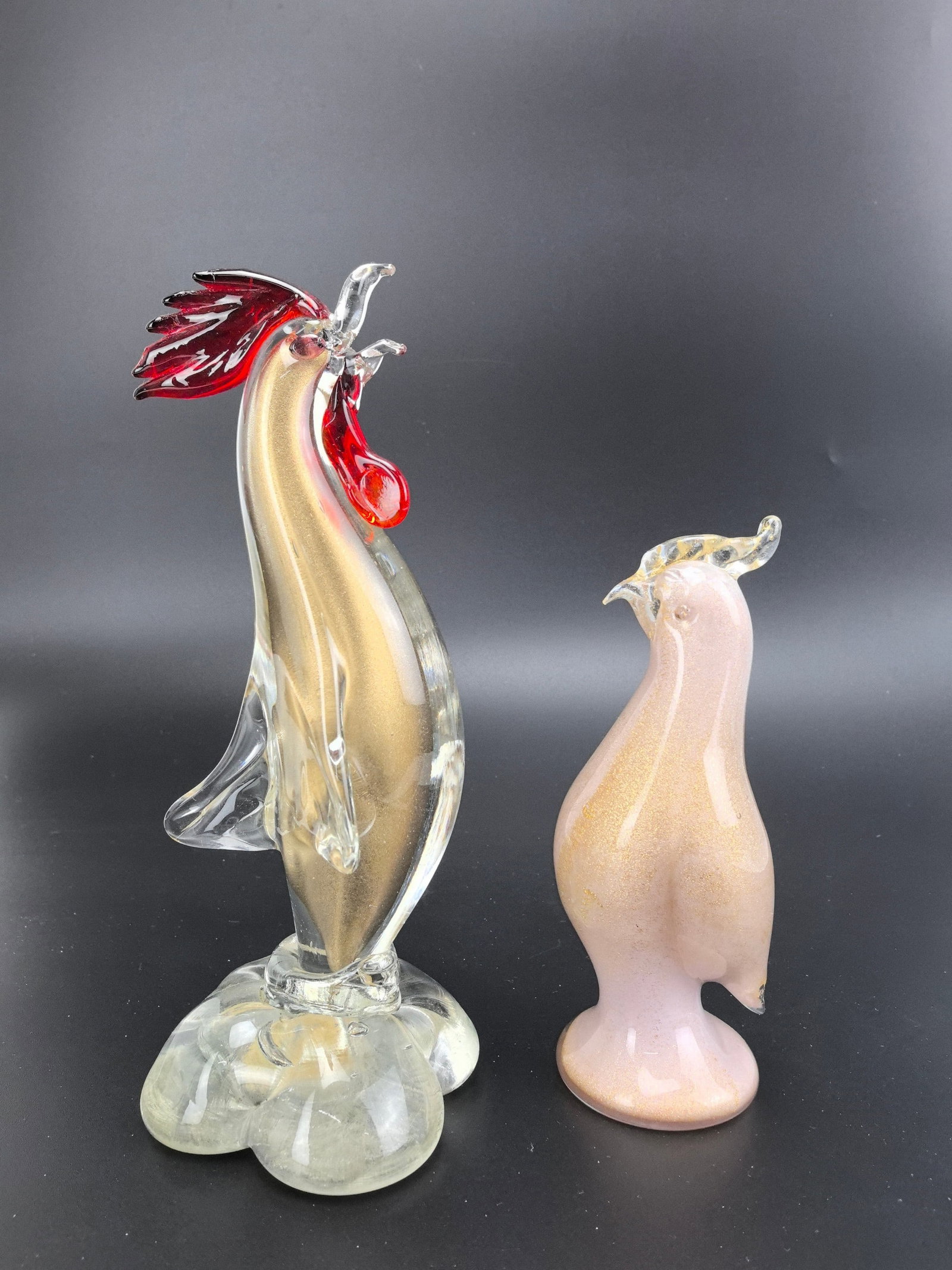 Italy Murano Hand Blown Metallic Rooster and Quail: Italy Murano Hand Blown Metallic Rooster and Quail,Rooster H 20 cm (8 in.),and Quail H 14 cm (5.5 in.).Preview from Feb.17th to 21st from 1:00 PM TO 5:00 PM Eastern Time, Location: 15229 Display Court