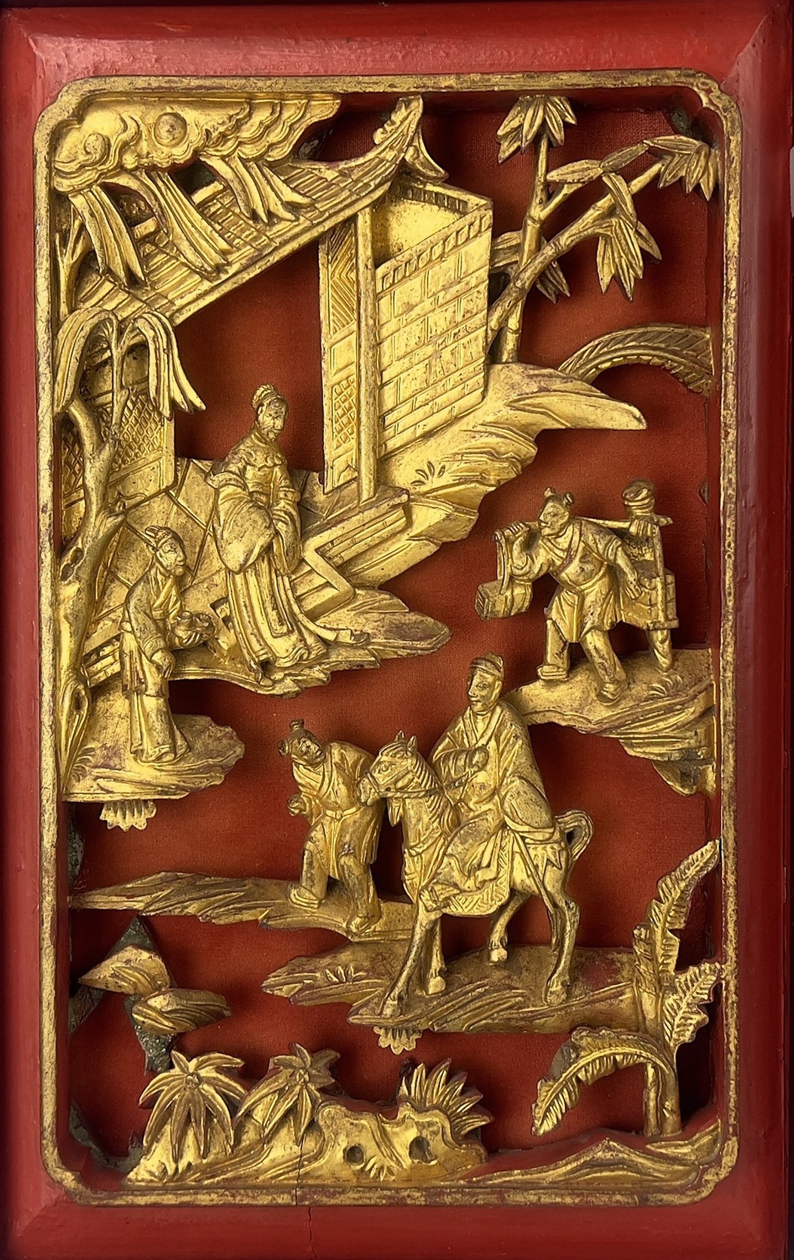 Antique Gold Gilt Wood Carving Panel Romance of the West Chamber: A Chinese Antique Gold Gilt Wood Carving Panel ?Romance of the West Chamber?Farewell at the Long Pavilion,H 39 cm(15 in.) x W 26 cm(10 in.). Preview from Apr. 21st to 25th from 1:00 PM TO 5:00 PM East