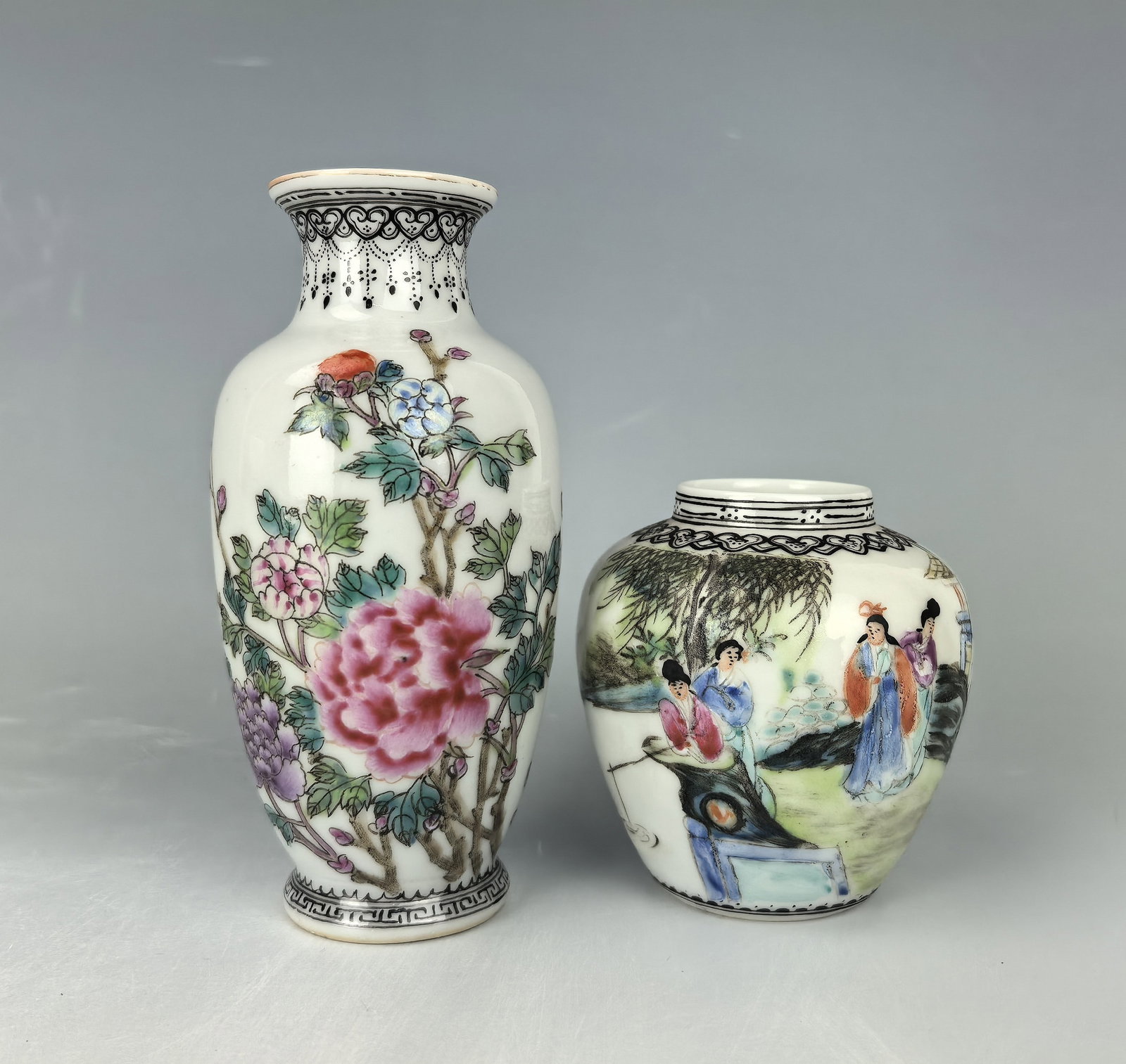 Two Chinese Famille Rose Porcelain Vases Marked: Two Chinese Famille Rose Porcelain Vases Marked, H 12 cm and H 7 cm.Preview from Apr. 21st to 25th from 1:00 PM TO 5:00 PM Eastern Time, Location: 15229 Display Court, Rockville MD 20850.