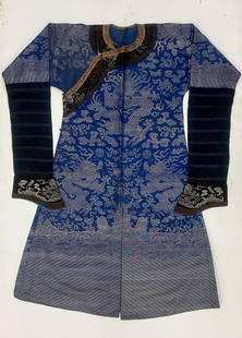 A Chinese Blue Ground Embroidered Silk Dragon Robe: A Chinese Blue Ground Embroidered Silk Dragon Robe. L: 140cm (55 in.), Cuff to cuff: 233.7 cm ( 92 in. ). Preview from Apr. 21st to 25th from 1:00 PM TO 5:00 PM Eastern Time, Location: 15229 Display C