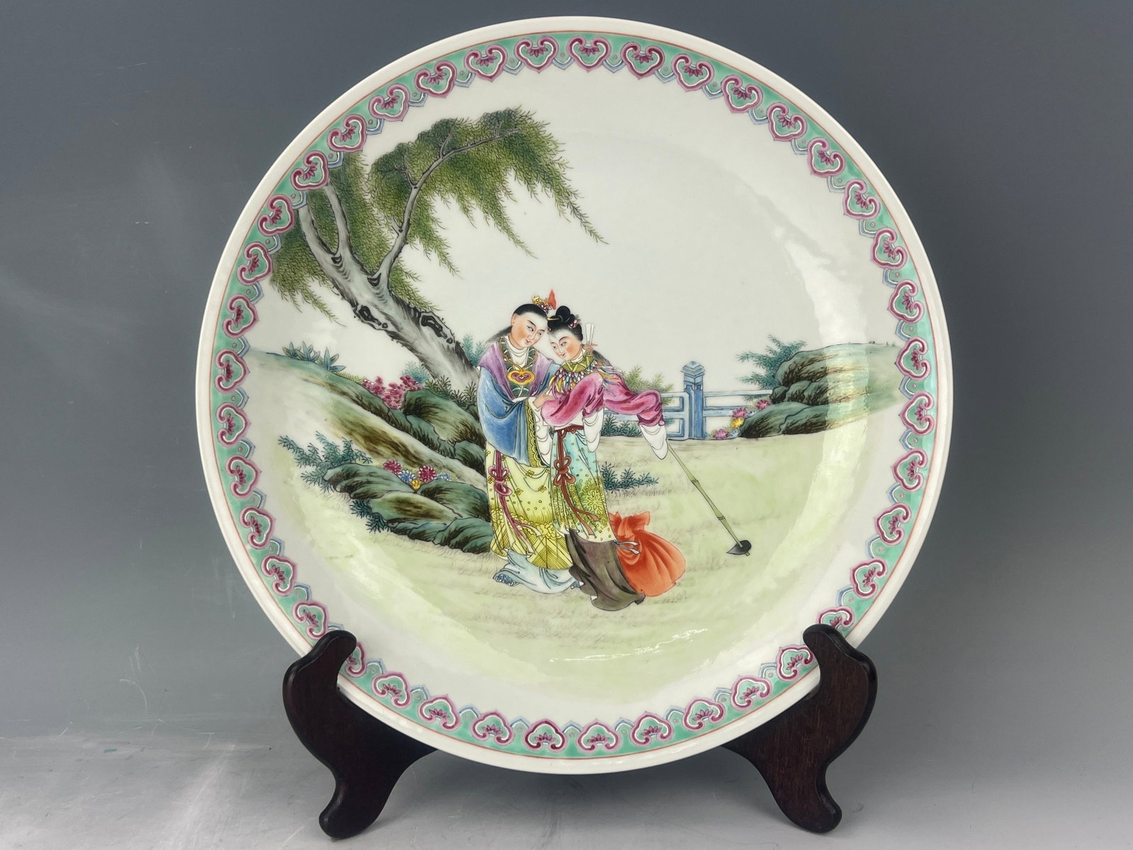 Large Chinese Famille Rose Porcelain Charge: Large Chinese Famille Rose Porcelain Charge of Figurines in the Garden,D 36 cm(14 in.) ,Preview from Apr. 21st to 25th from 1:00 PM TO 5:00 PM Eastern Time, Location: 15229 Display Court, Rockville MD