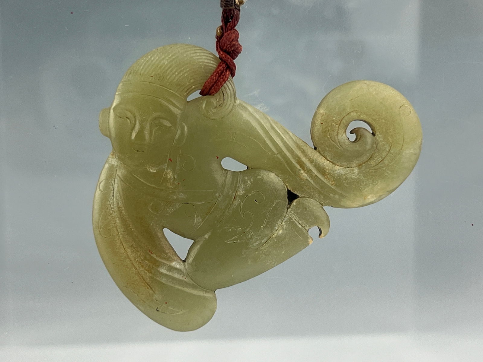 Chinese Carved Celandon Jade Dancer Pendant: Chinese Carved Celandon Jade Dancer Pendant.size 6x 4 cm. Preview from Apr. 21st to 25th from 1:00 PM TO 5:00 PM Eastern Time, Location: 15229 Display Court, Rockville MD 20850.