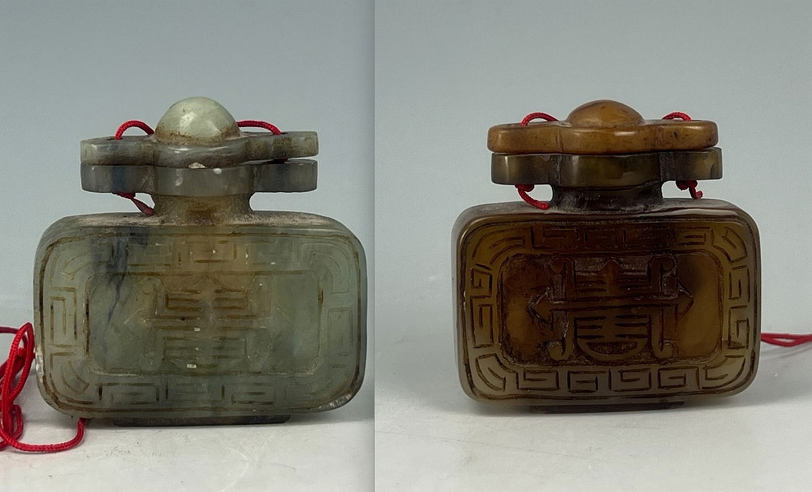 Two Chinese Jade Rectangle Bottles: Two Chinese Jade Rectangle Bottles,size 5 x5 cm x 2. Preview from Apr. 21st to 25th from 1:00 PM TO 5:00 PM Eastern Time, Location: 15229 Display Court, Rockville MD 20850.