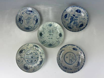 Group of 5 Chinese Blue and White Porcelain Plates: Group of 5 Chinese Blue and White Porcelain Plates,D 16 cm(6.5 in.) x5. Preview from Jun 23rd to 27th from 1:00 PM TO 5:00 PM Eastern Time, Location: 15229 Display Court, Rockville MD 20850.
