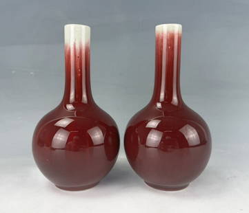 Pair of Chinese Red Glaze Porcelain Bottle Vases Marked: Pair of Chinese Red Glaze Porcelain Bottle Vases Marked,H 20 cm(8 in.) x2. Preview from Jun 23rd to 27th from 1:00 PM TO 5:00 PM Eastern Time, Location: 15229 Display Court, Rockville MD 20850.