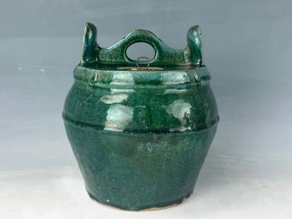 Antique Chinese Green Glazed Ceramic Pot: Antique Chinese Green Glazed Ceramic Pot,H 23 cm(9 in.). Preview from Jun 23rd to 27th from 1:00 PM TO 5:00 PM Eastern Time, Location: 15229 Display Court, Rockville MD 20850.