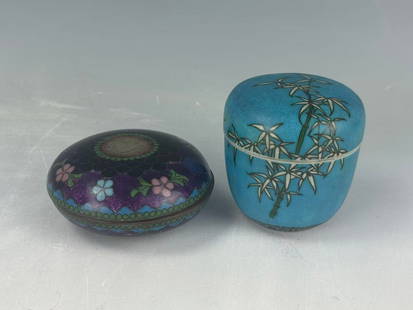 Two Antique Japanese Cloisonne Enamel Boxes: Two Antique Japanese Cloisonne Enamel Boxes, H 7 cm(3 in.) and box D 7 cm(3 in.) . Preview from Jun 23rd to 27th from 1:00 PM TO 5:00 PM Eastern Time, Location: 15229 Display Court, Rockville MD