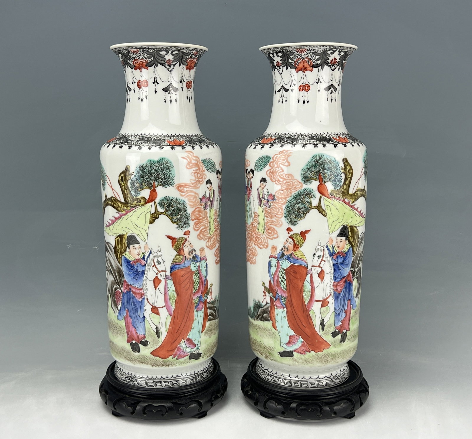 Pair of Chinese Famille Rose Porcelain Vases Qianlong Mark with Wood Stands: Pair of Chinese Famille Rose Porcelain Vases Qianlong Mark with Wood Stands,Emperor Tang Night Tour of the Moon Palace.H 35 cm(13 in.) x2. Preview from Jun 23rd to 27th from 1:00 PM TO 5:00 PM Eastern