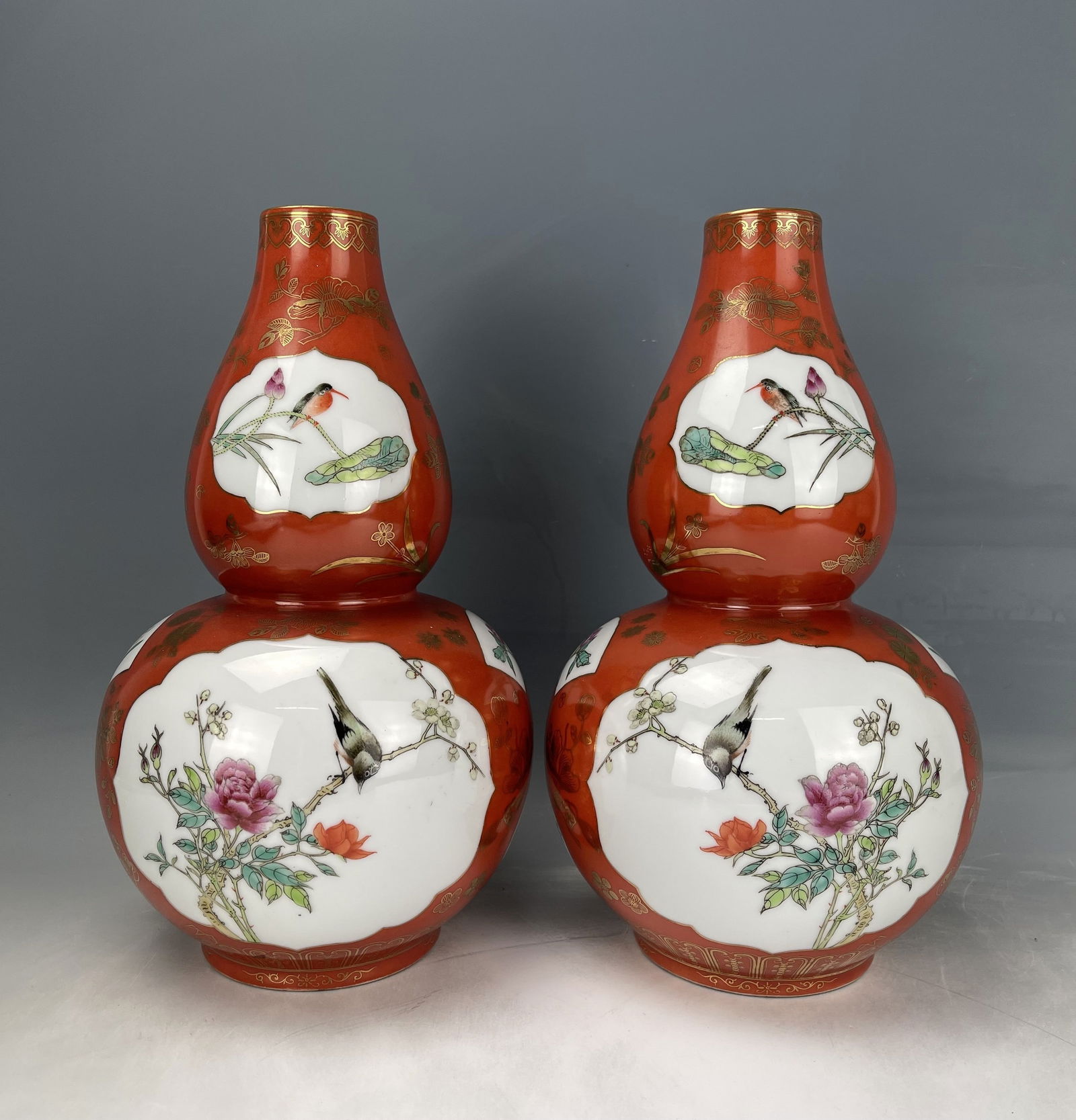 Pair of Chinese Red Ground Famille Rose Porcelain Gourd Vases (1 of 7)