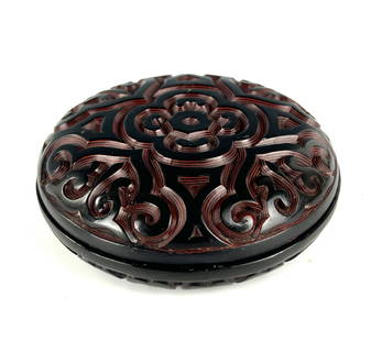 Chinese Black Lacquer TAXI Round Incense Box: Chinese Warming Bowl with Pewter Layer and Carved Cinnabar with 8 Buddhist Emblems,republic Era.,D 12 cm(4.8 in.) x H 9 cm(3.5 in.). Preview from Jun 23rd to 27th from 1:00 PM TO 5:00 PM Eastern Time,