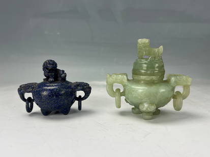 Two Chinese Carving Censers in Lapis Lazuli and Jade: Two Chinese Carving Censers in Lapis Lazuli and Jade ,H 8.5 cm(3.5 in.) x W 9 cm(3.8 in.) . Preview from Jun 23rd to 27th from 1:00 PM TO 5:00 PM Eastern Time, Location: 15229 Display Court, Rockville
